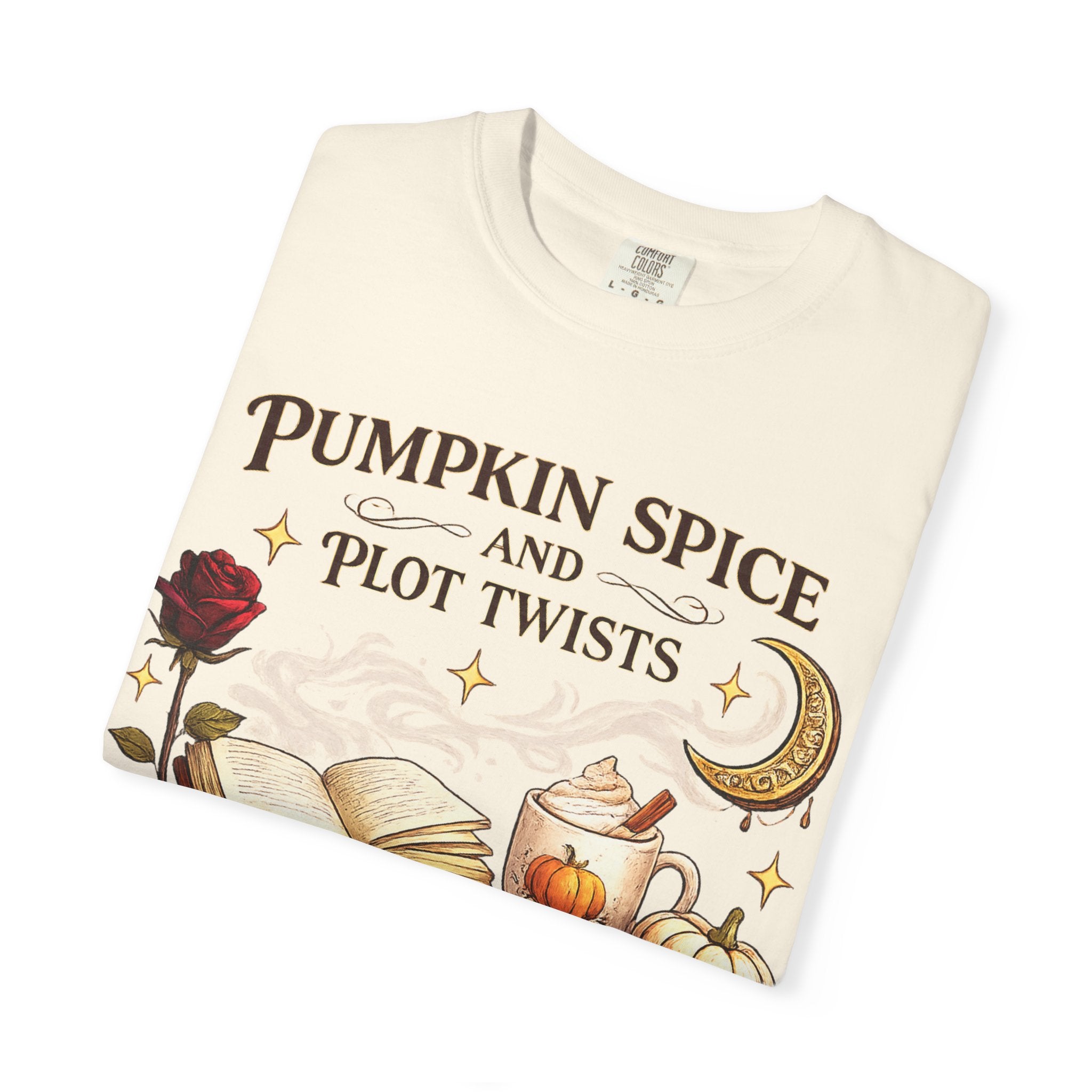 Pumpkin Spice and Plot Twists T-Shirt: Vintage Autumn Flatlay Graphic Tee