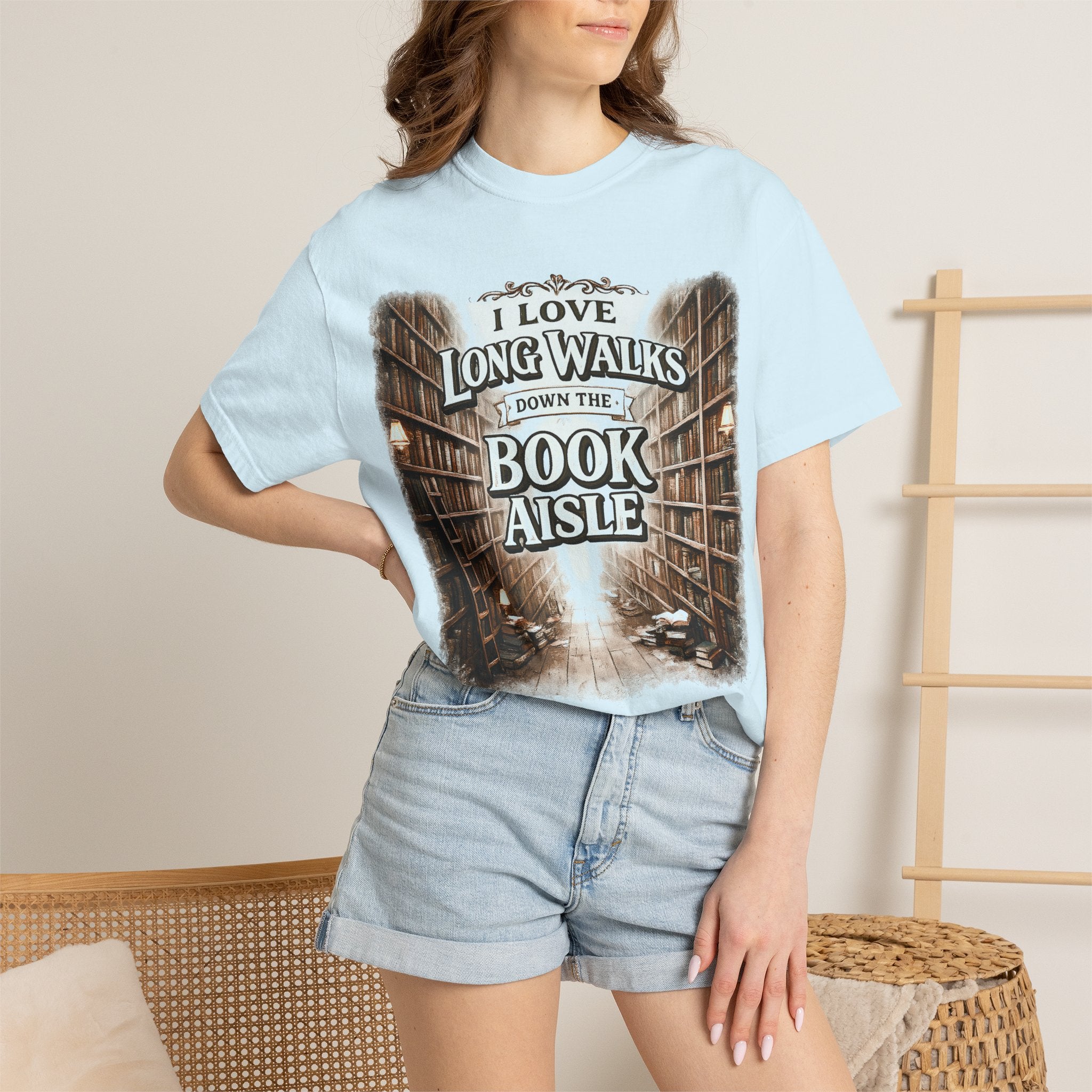 T-Shirt — "I Love Long Walks Down the Book Aisle" Literary Graphic Tee