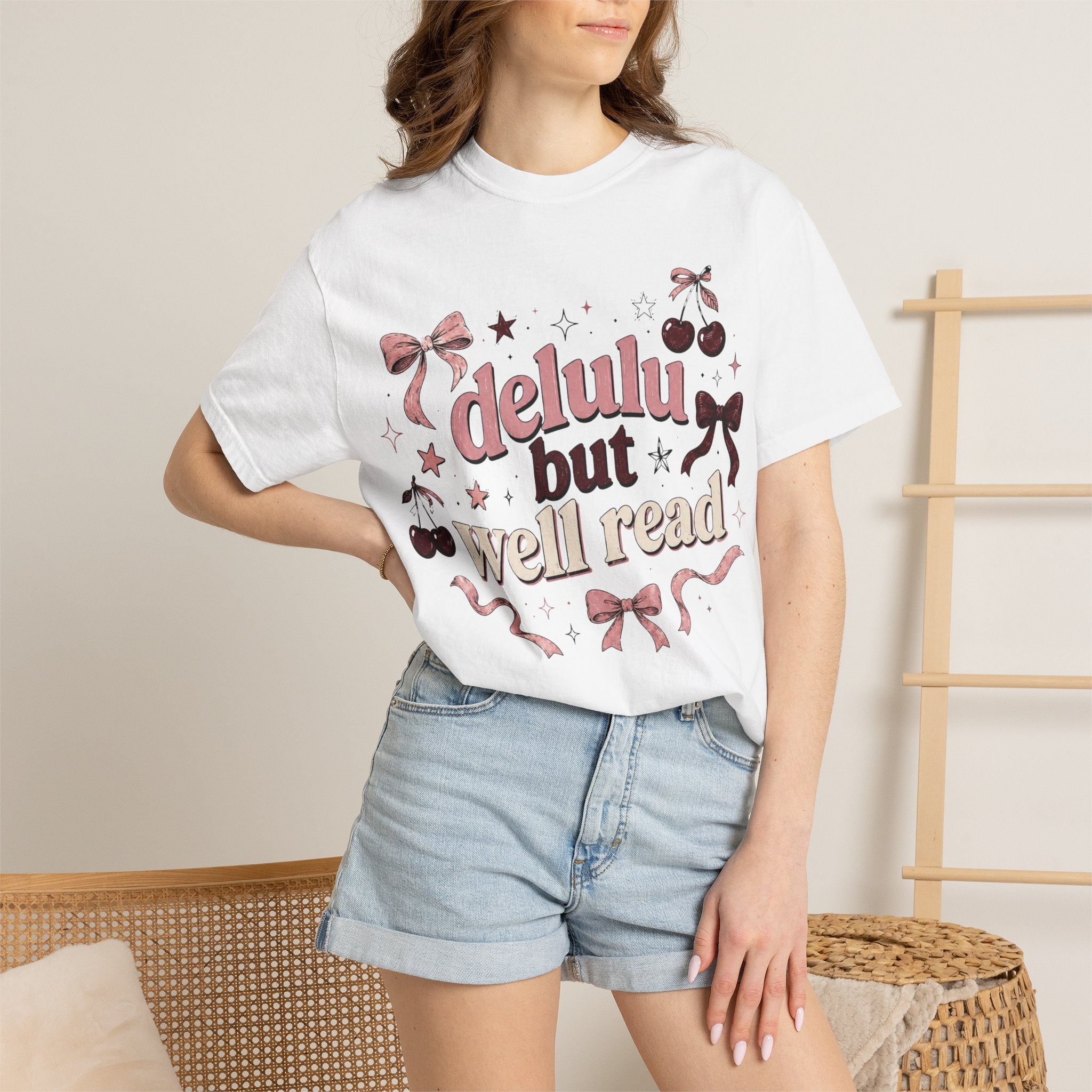 T-Shirt — “Delulu But Well Read” Cute Cherry & Bow Graphic Tee