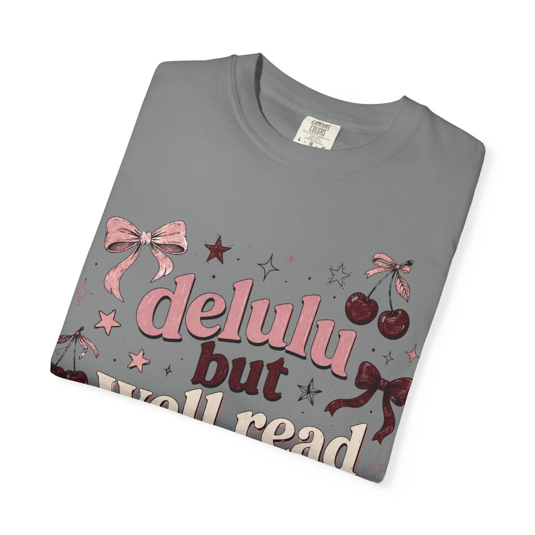 T-Shirt — “Delulu But Well Read” Cute Cherry & Bow Graphic Tee