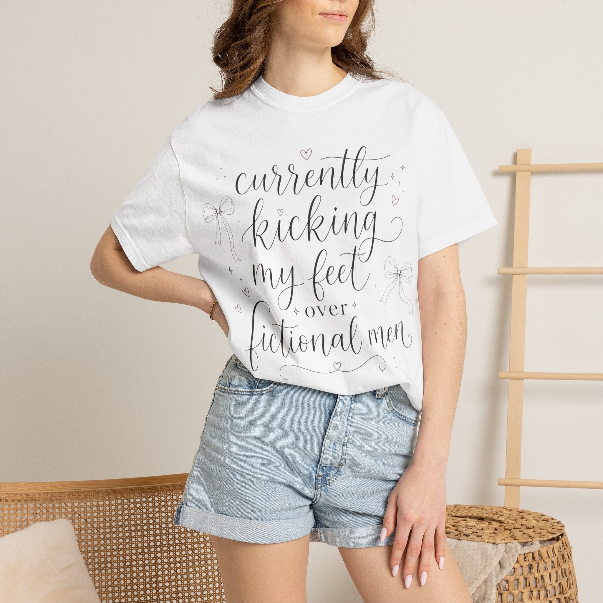 Graphic T-Shirt — “Currently Kicking My Feet Over Fictional Men” Printed Tee for Book Lovers