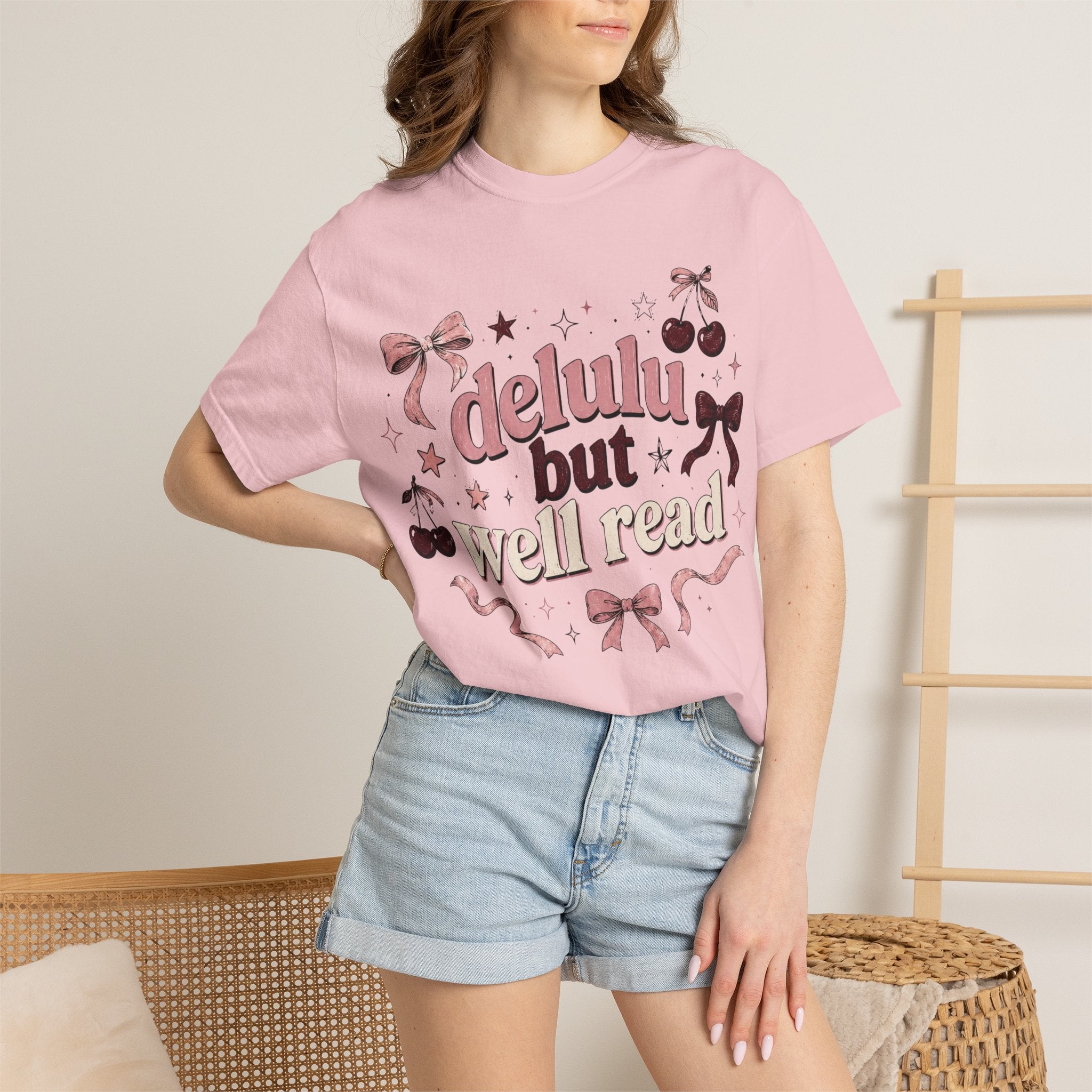 T-Shirt — “Delulu But Well Read” Cute Cherry & Bow Graphic Tee