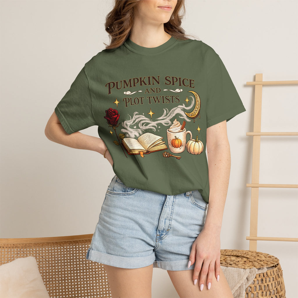 Pumpkin Spice and Plot Twists T-Shirt: Vintage Autumn Flatlay Graphic Tee