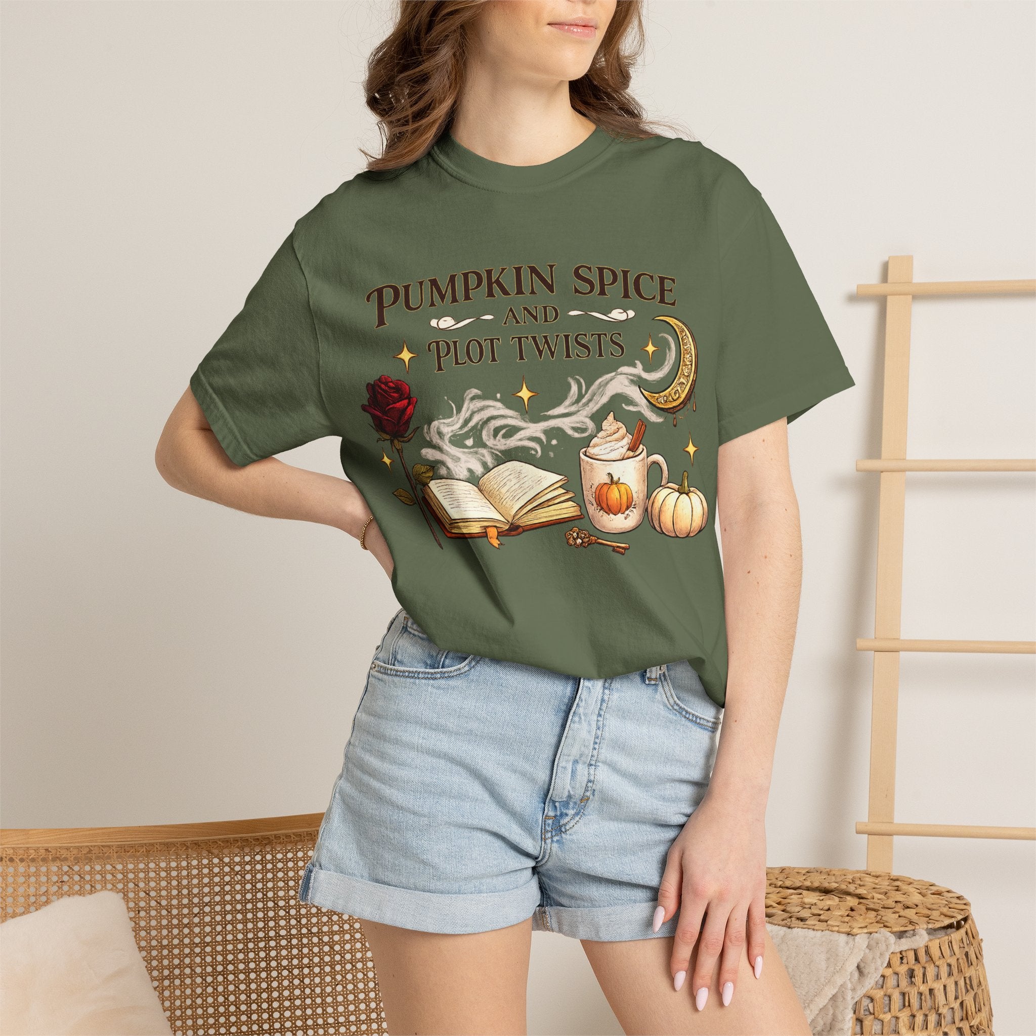 Pumpkin Spice and Plot Twists T-Shirt: Vintage Autumn Flatlay Graphic Tee