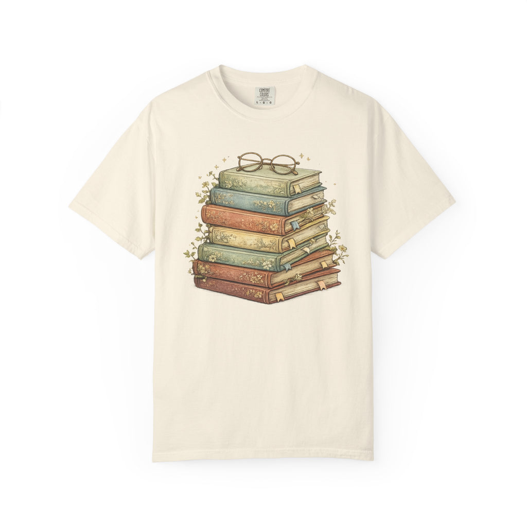 Vintage Stack of Books T-Shirt — Literary Reader Tee with Glasses Design