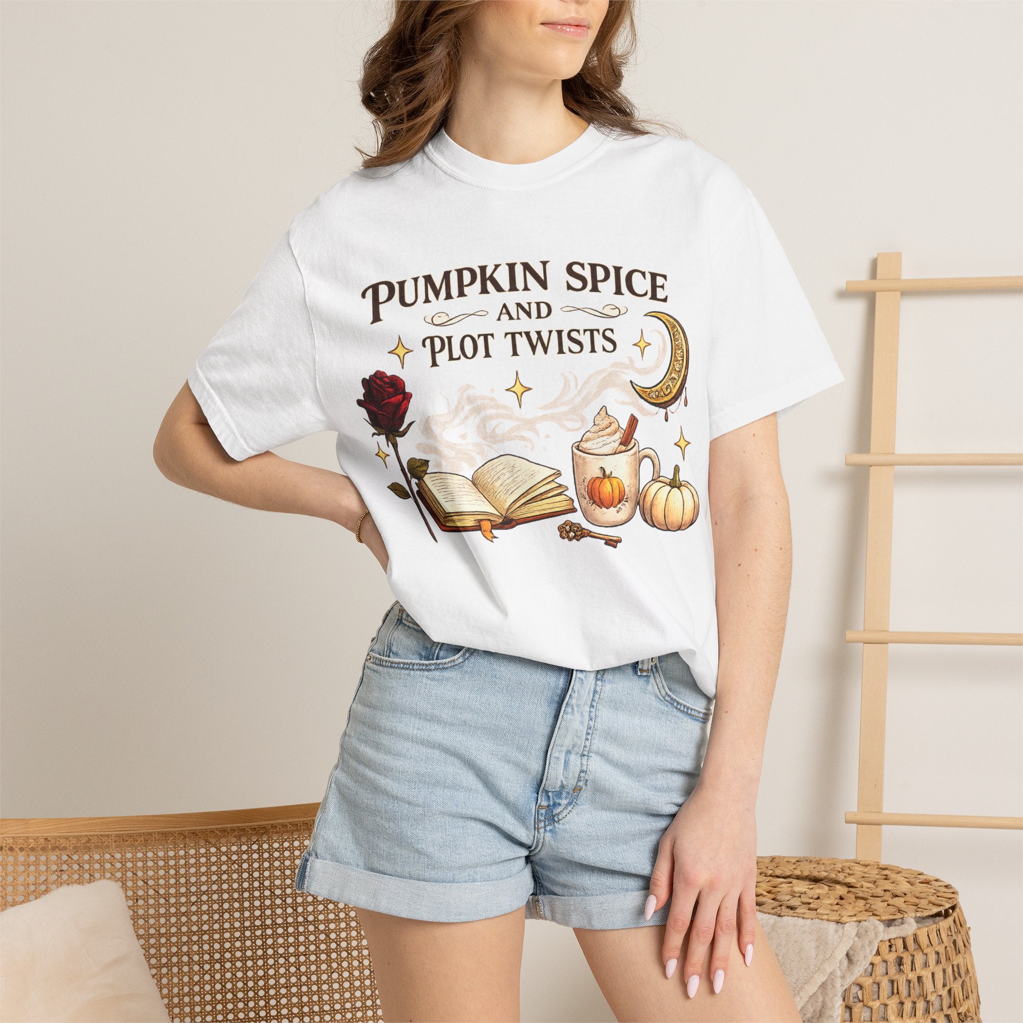 Pumpkin Spice and Plot Twists T-Shirt: Vintage Autumn Flatlay Graphic Tee