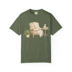 Cozy Reading Nook T-Shirt — Armchair, Blanket & Coffee Graphic