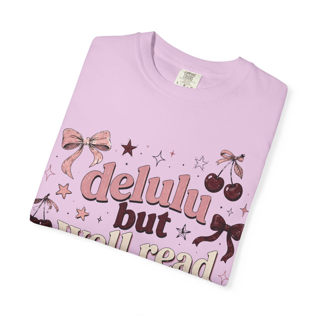 T-Shirt — “Delulu But Well Read” Cute Cherry & Bow Graphic Tee