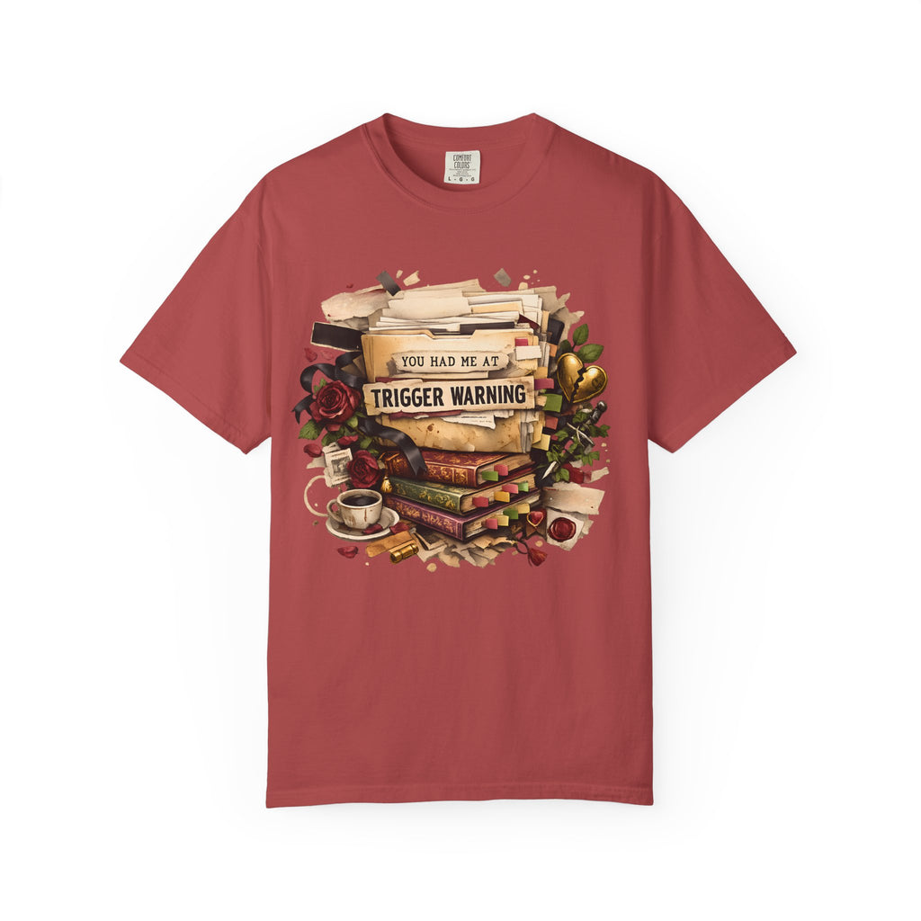 Book Lover T-Shirt — "You Had Me at Trigger Warning" Vintage Stack Design