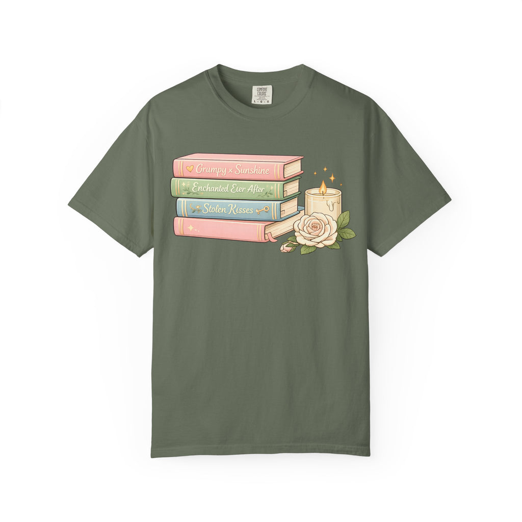 Cozy Bookstack Tee — Pastel Books, Candle & Rose Graphic T‑Shirt