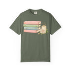 Cozy Bookstack Tee — Pastel Books, Candle & Rose Graphic T‑Shirt