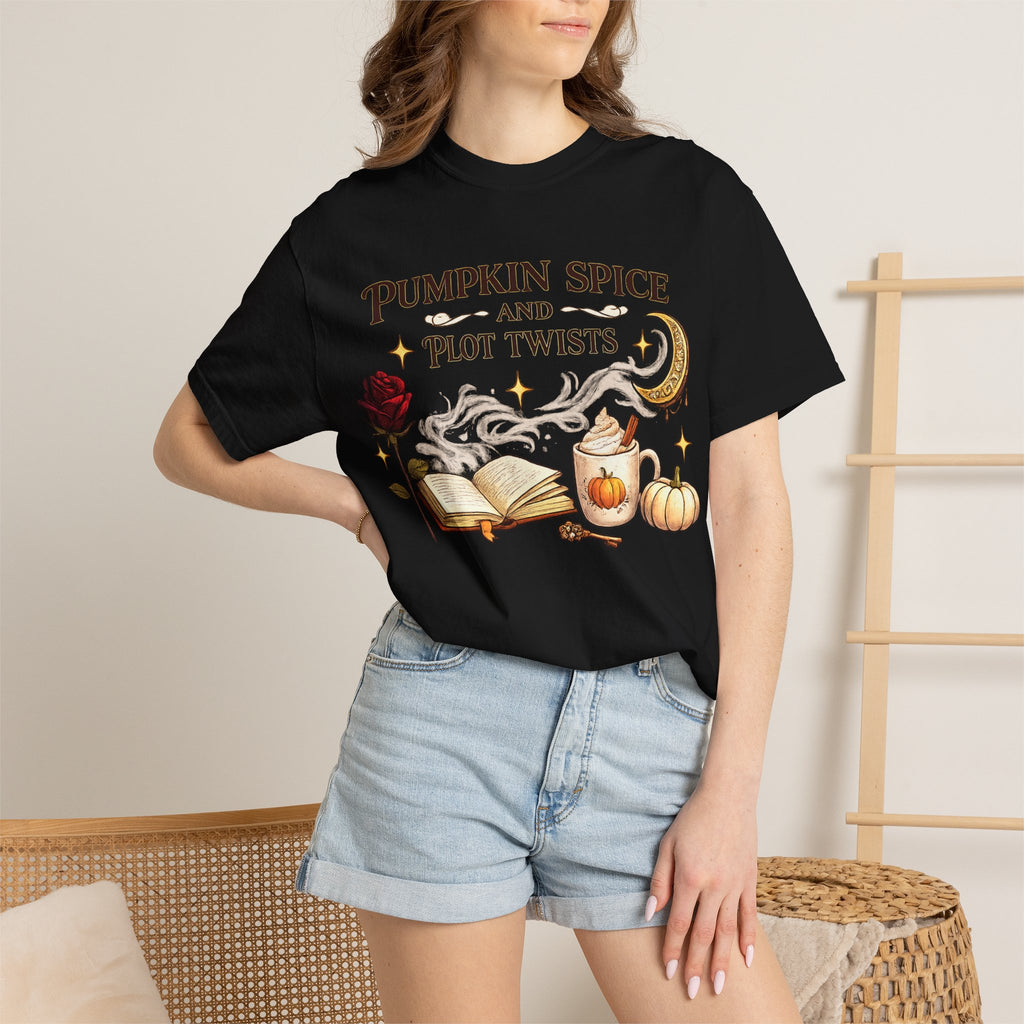 Pumpkin Spice and Plot Twists T-Shirt: Vintage Autumn Flatlay Graphic Tee
