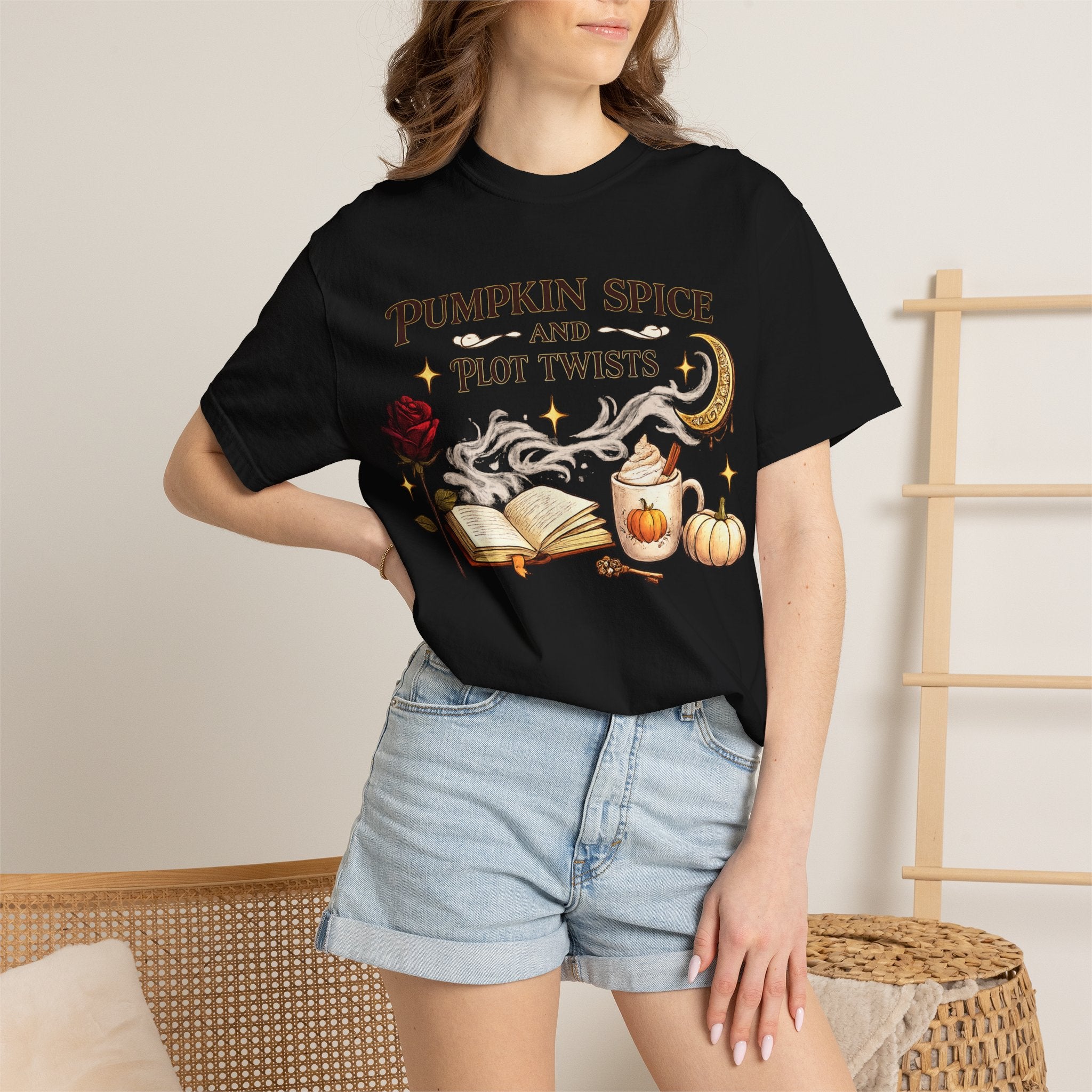 Pumpkin Spice and Plot Twists T-Shirt: Vintage Autumn Flatlay Graphic Tee