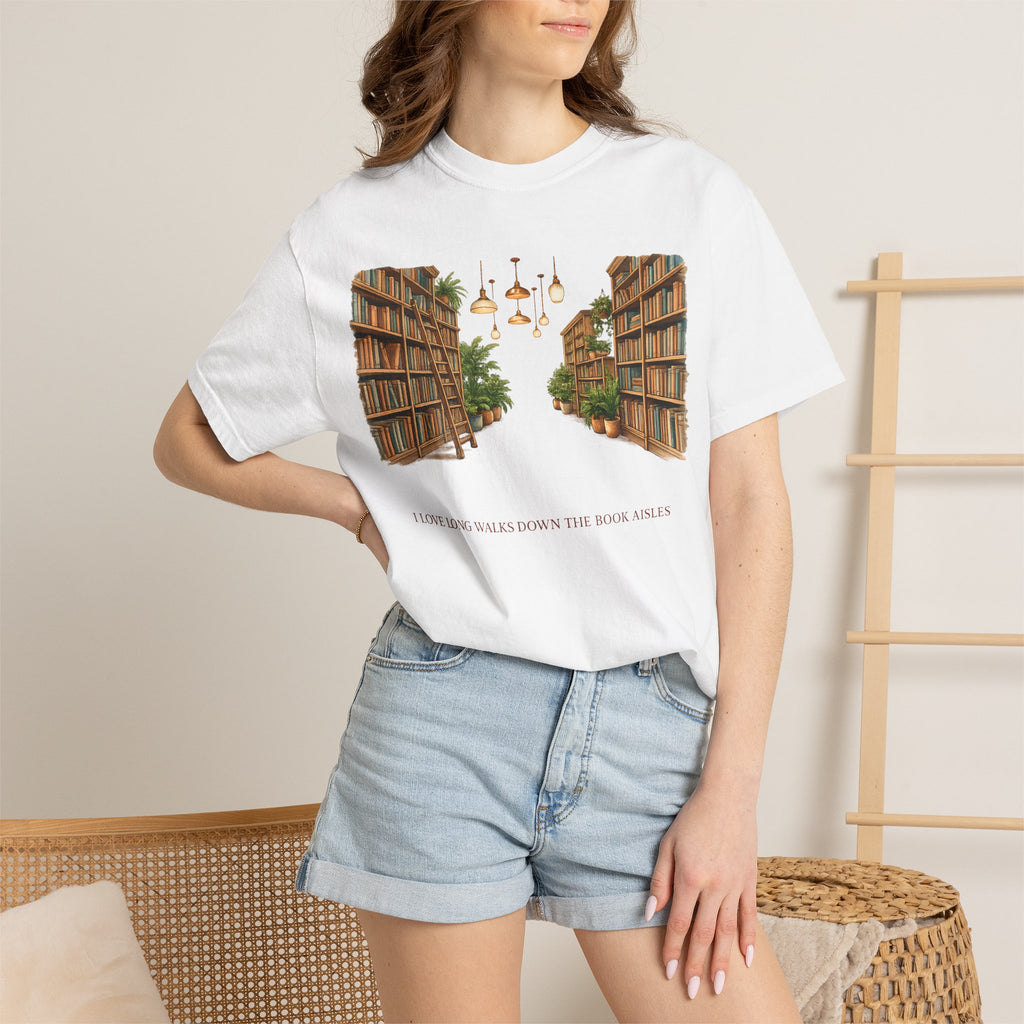 Book Nook T-Shirt — 'I Long Long Walk Down The Book Aisles' Literary Tee