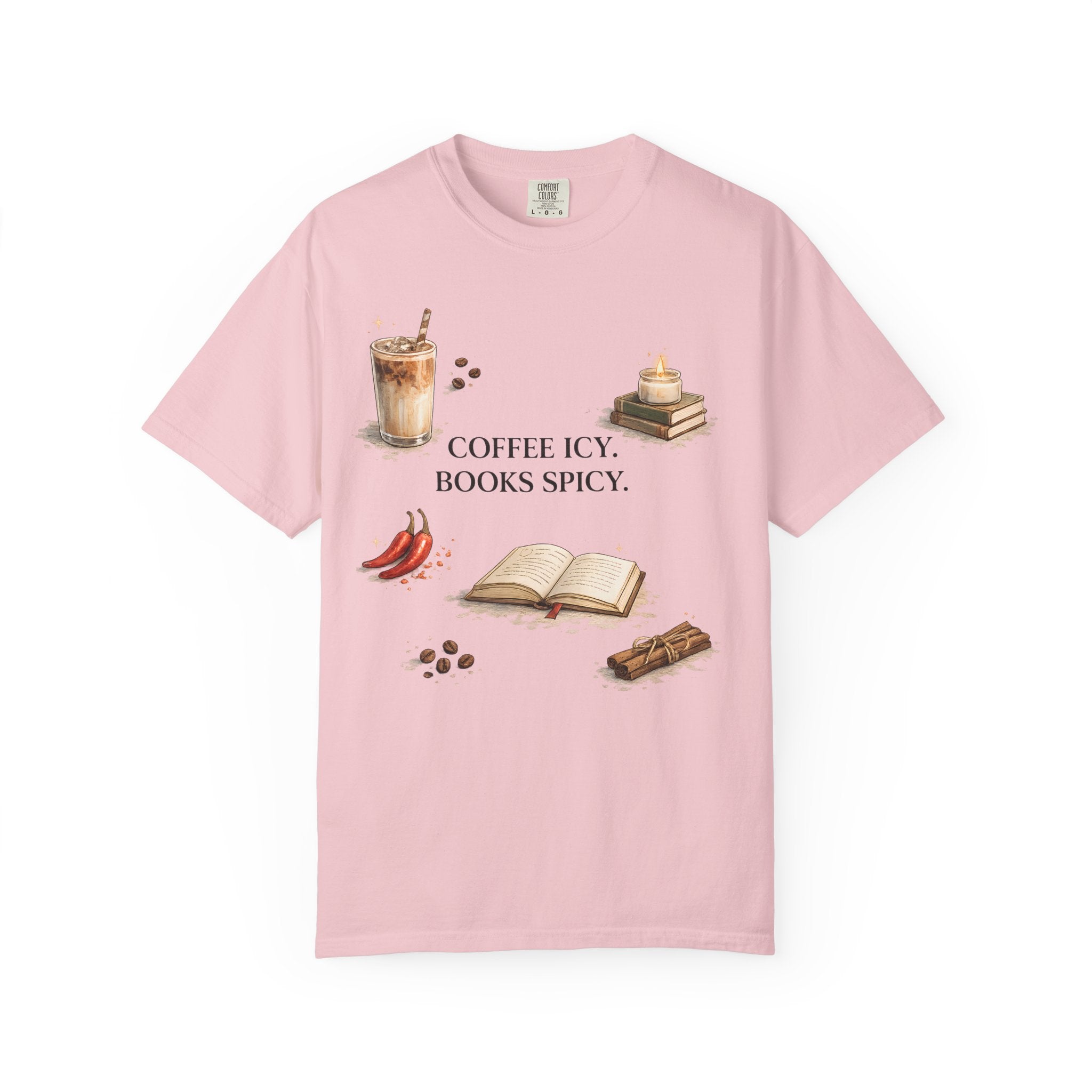Coffee Icy, Books Spicy T-Shirt — Literary Coffee Lover Tee