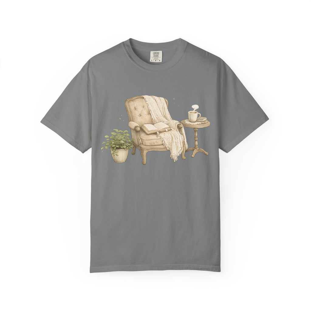 Cozy Reading Nook T-Shirt — Armchair, Blanket & Coffee Graphic