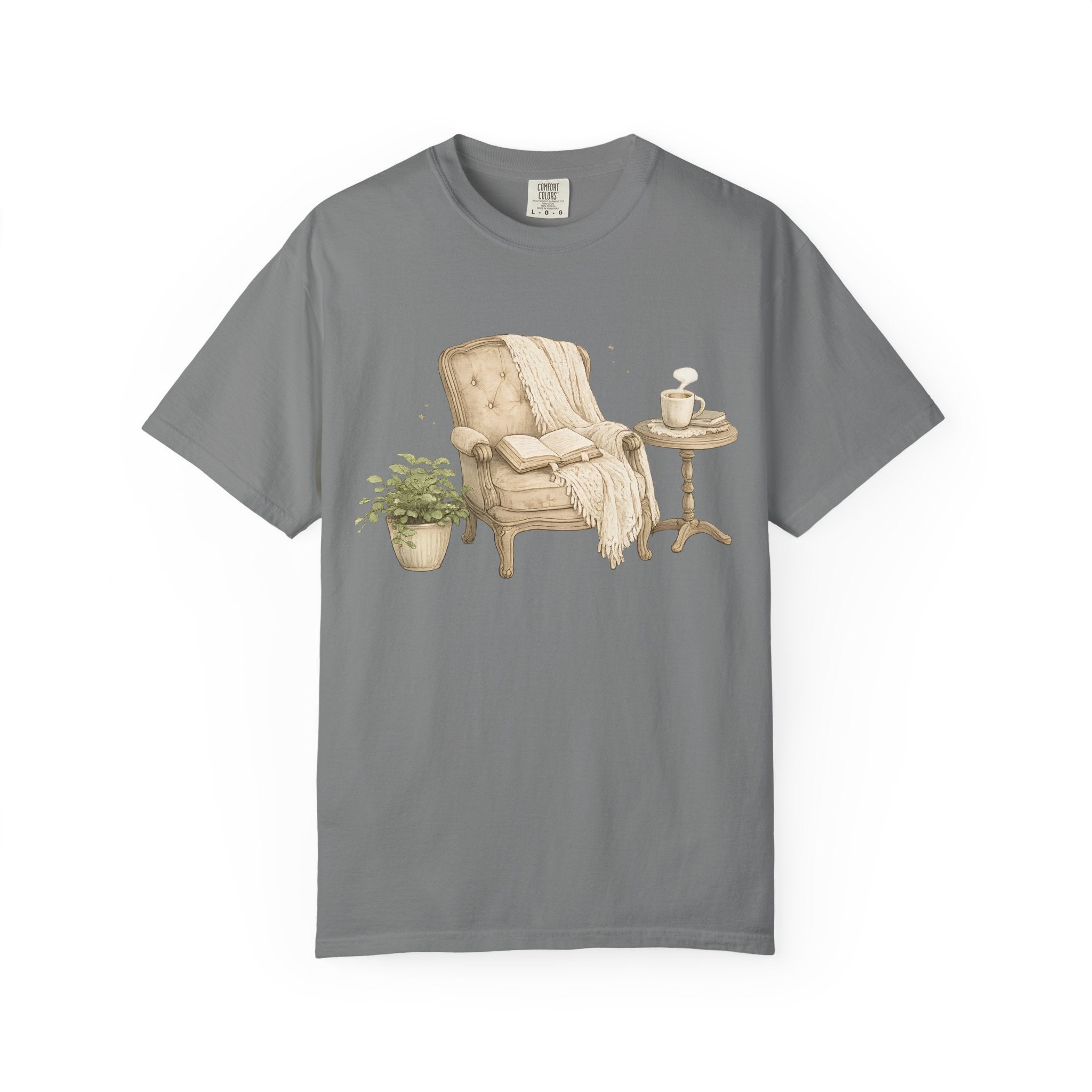 Cozy Reading Nook T-Shirt — Armchair, Blanket & Coffee Graphic