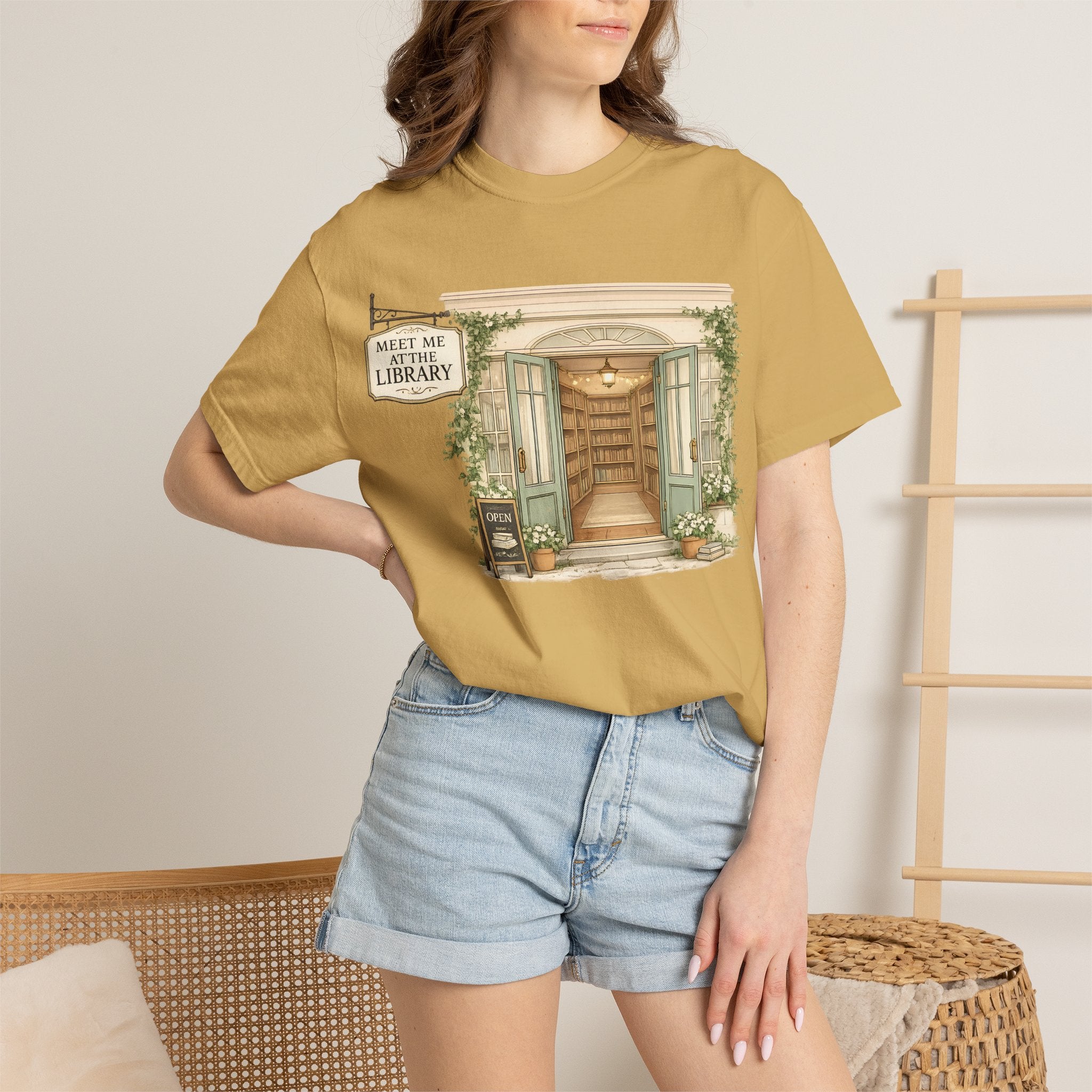 Meet Me at the Library T-Shirt — Cozy Bookshop Illustration Tee