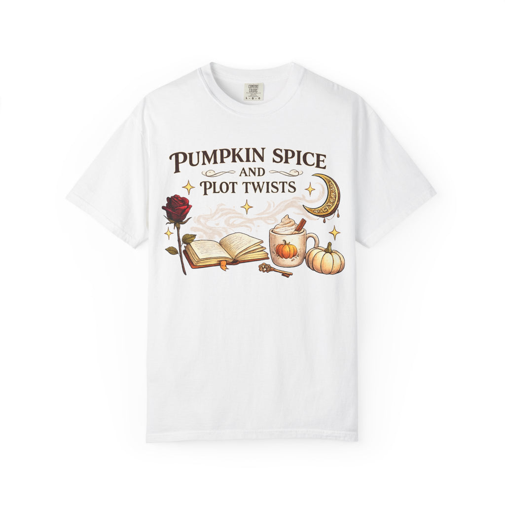 Pumpkin Spice and Plot Twists T-Shirt: Vintage Autumn Flatlay Graphic Tee