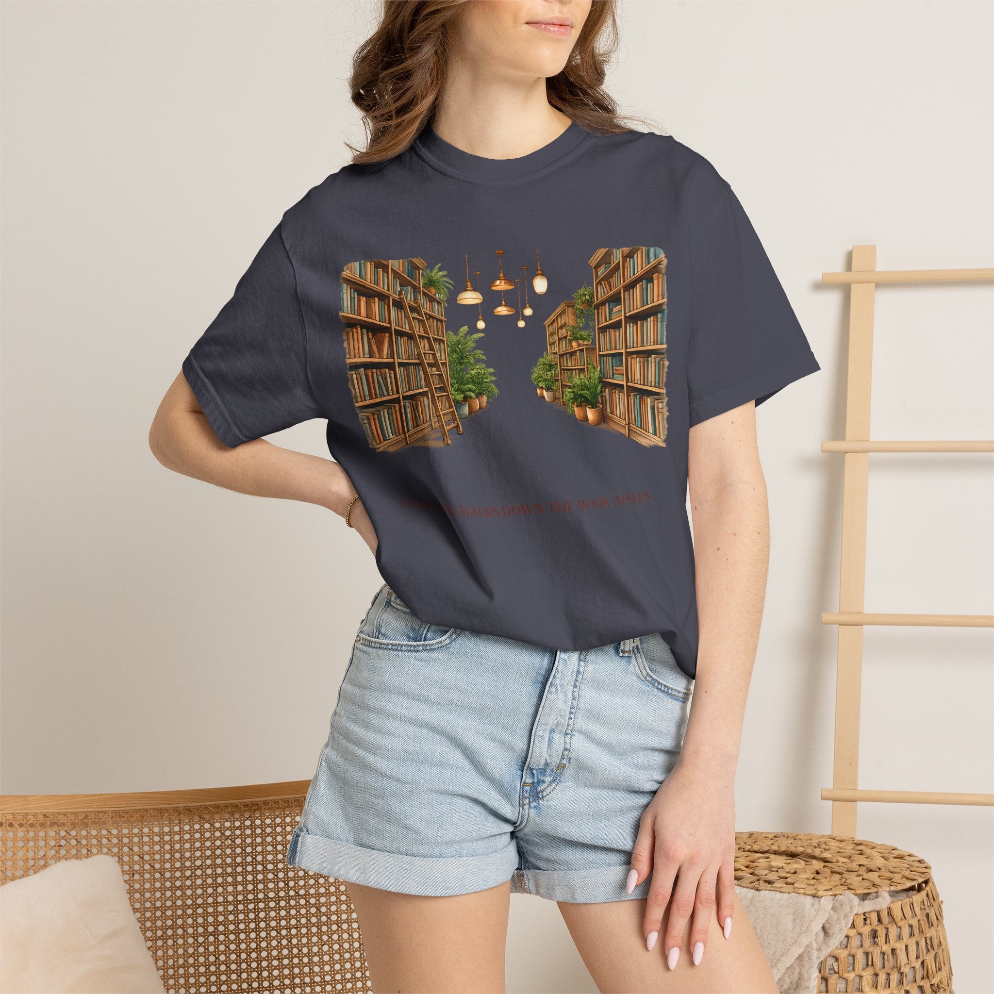 Book Nook T-Shirt — 'I Long Long Walk Down The Book Aisles' Literary Tee