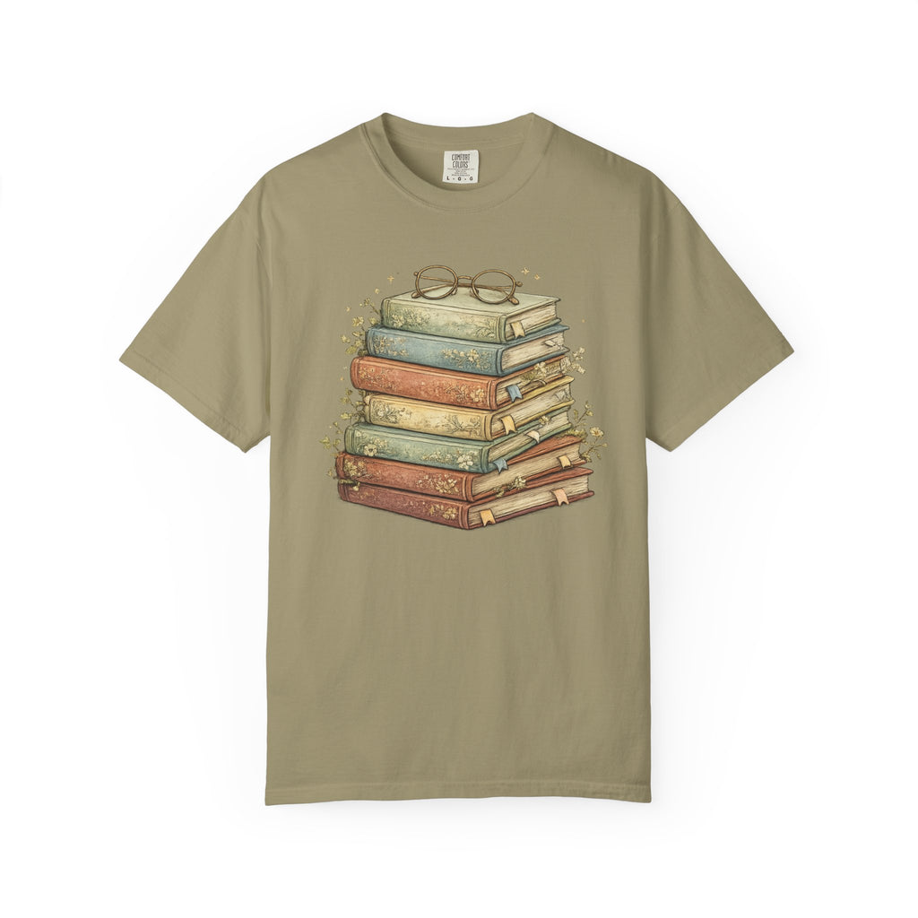 Vintage Stack of Books T-Shirt — Literary Reader Tee with Glasses Design