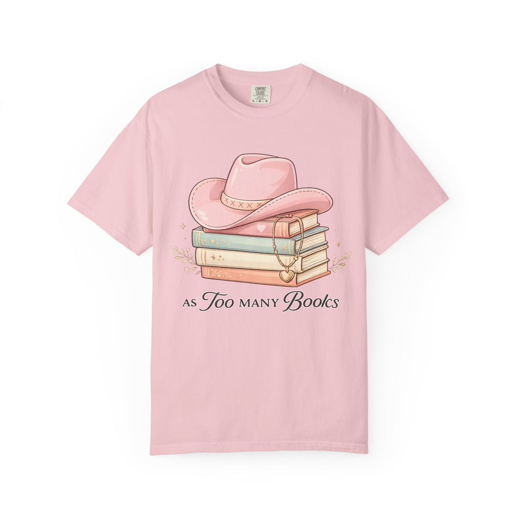 Cowgirl Booklover T-Shirt — "As Too Many Books" Stack with Pink Cowboy Hat