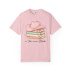 Cowgirl Booklover T-Shirt — "As Too Many Books" Stack with Pink Cowboy Hat