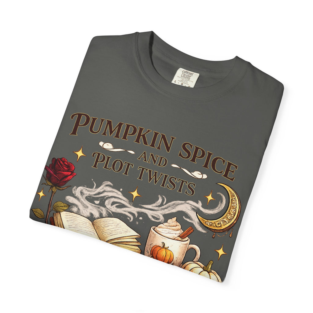 Pumpkin Spice and Plot Twists T-Shirt: Vintage Autumn Flatlay Graphic Tee