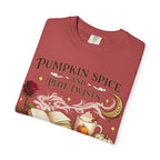 Pumpkin Spice and Plot Twists T-Shirt: Vintage Autumn Flatlay Graphic Tee