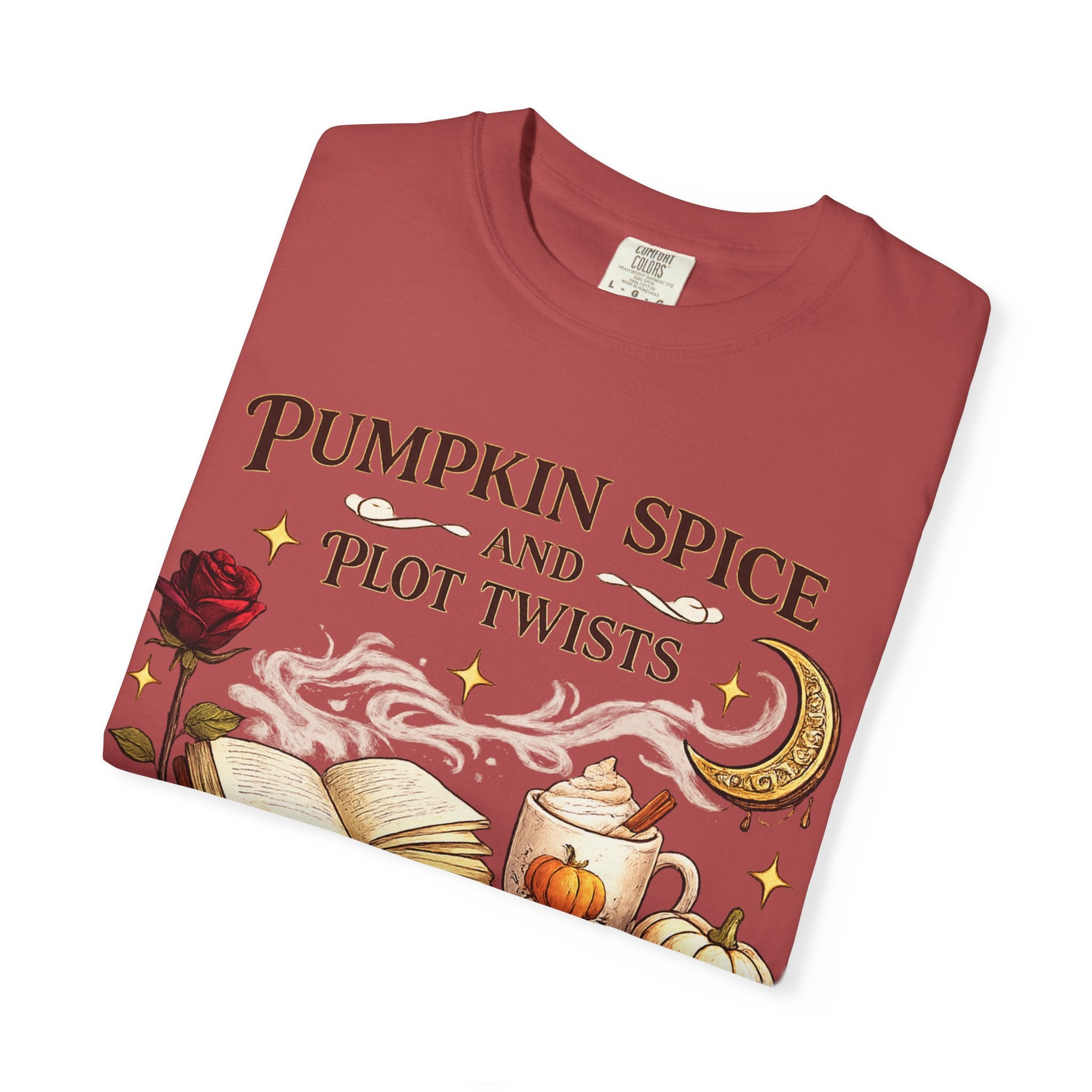 Pumpkin Spice and Plot Twists T-Shirt: Vintage Autumn Flatlay Graphic Tee