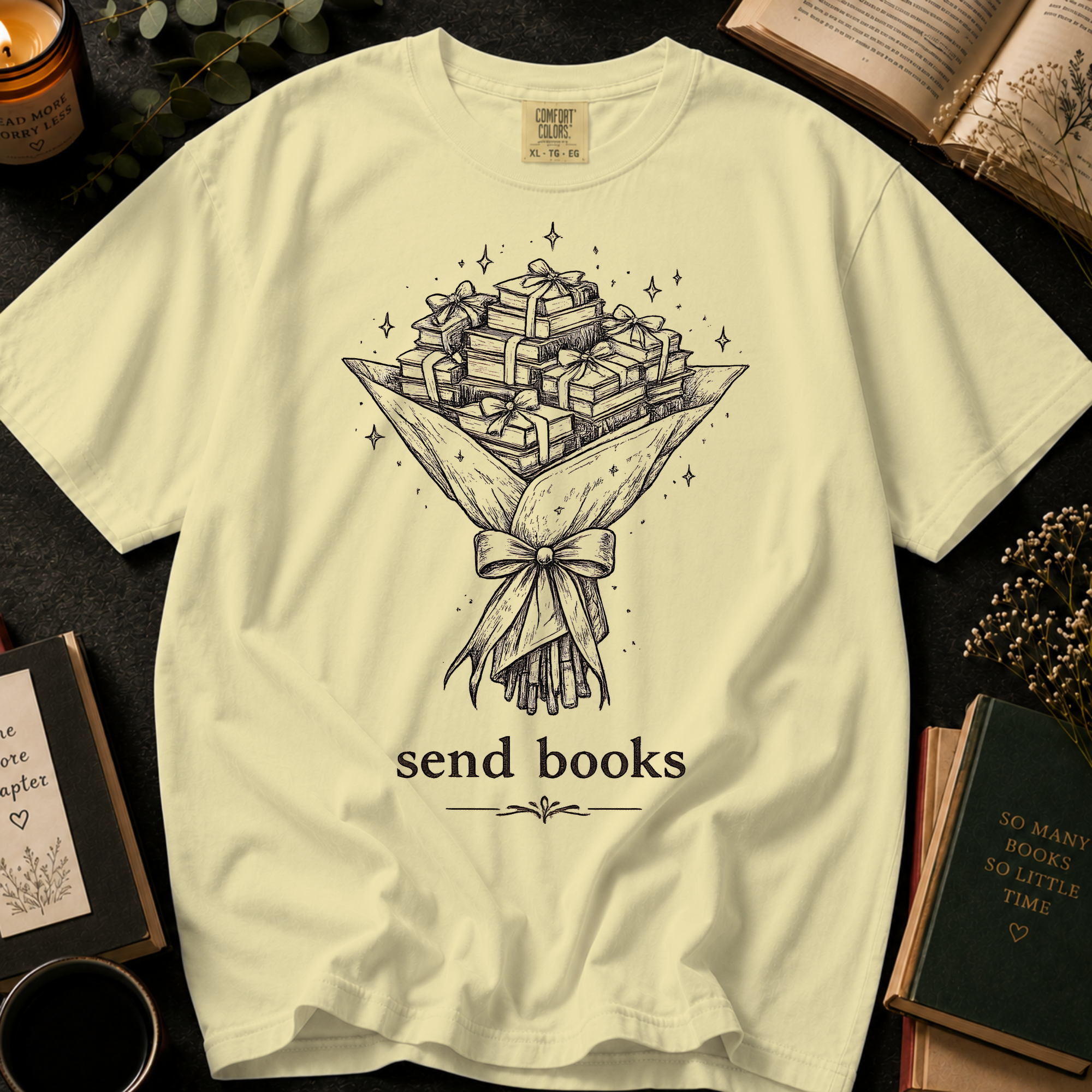 Send Books T-Shirt: Book Bouquet Sketch in Banana - Comfort Colors® T-Shirt