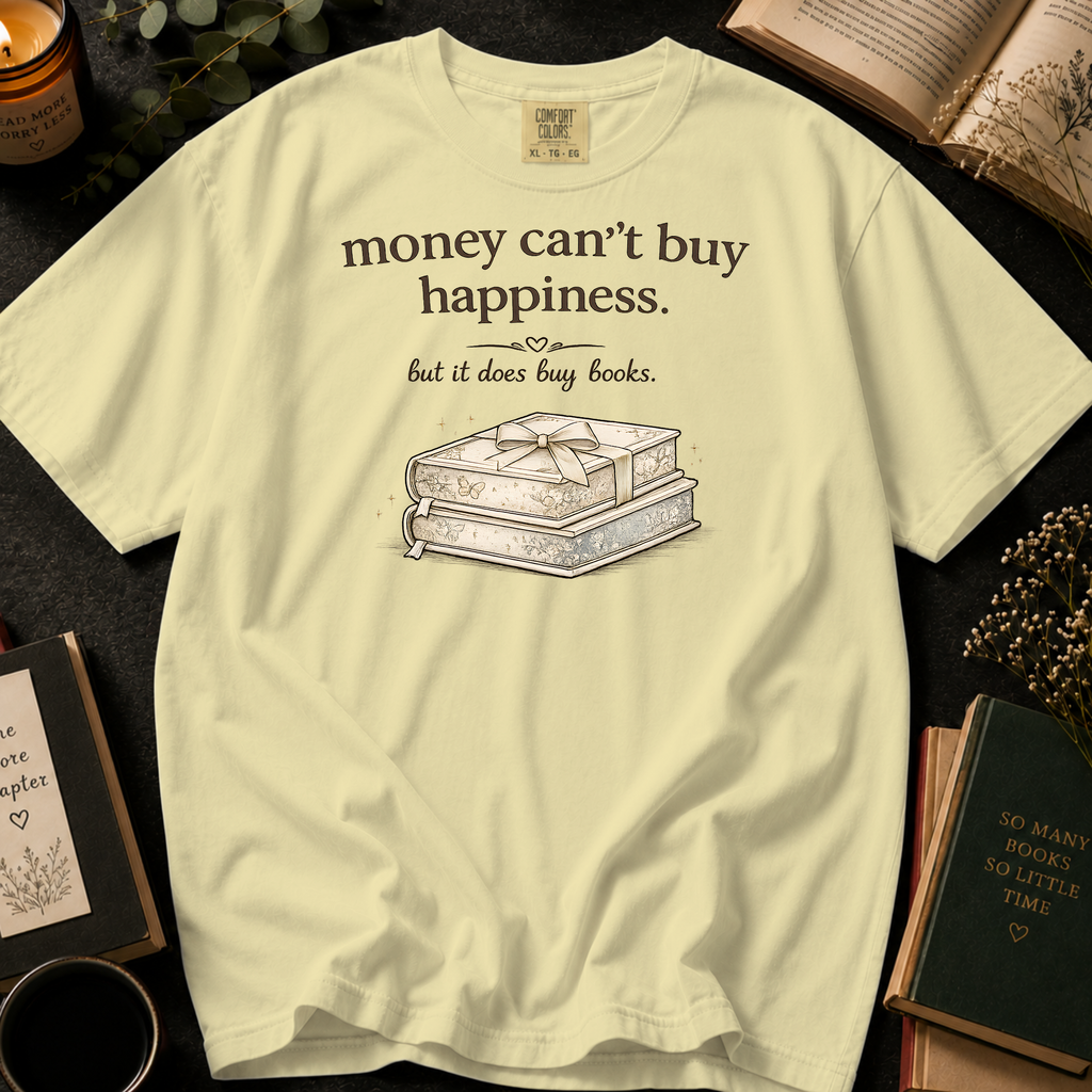 Money Can't Buy Happiness But It Does Buy Books T-Shirt: Gift Wrapped Stack in Banana - Comfort Colors® T-Shirt