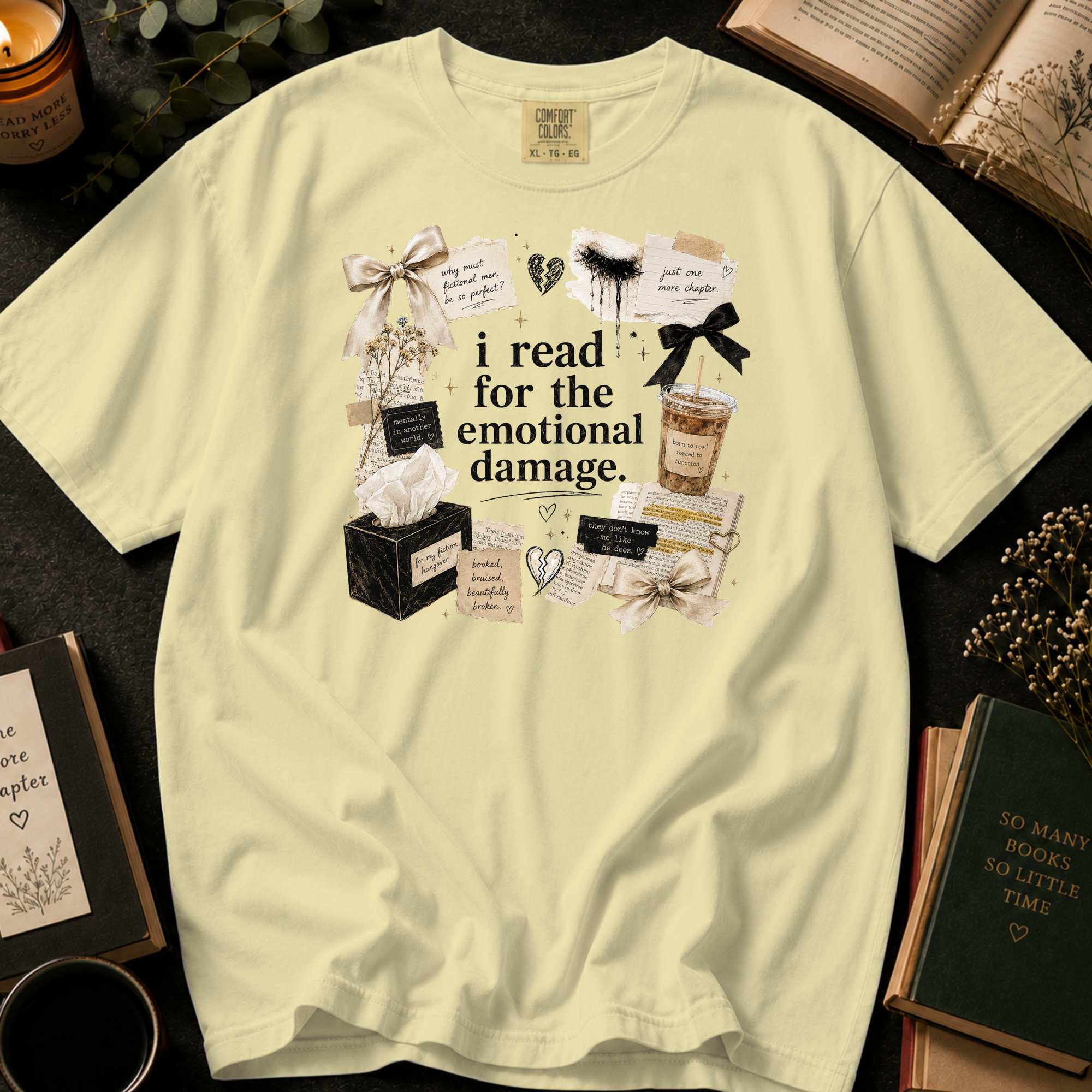I Read For The Emotional Damage T-Shirt: Book Lover Collage in Banana - Comfort Colors® T-Shirt