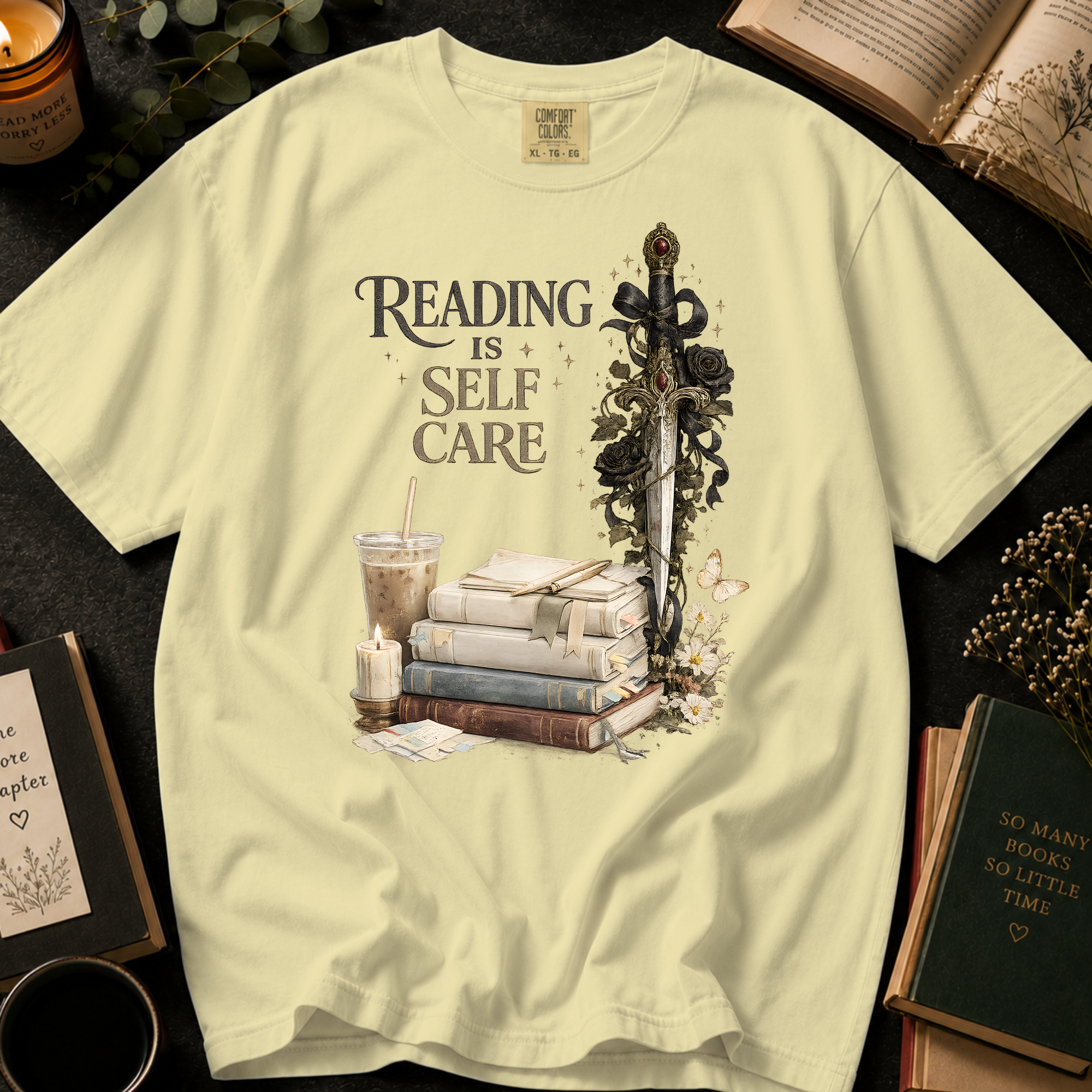 Reading Is Self Care T-Shirt: Gothic Dagger and Black Roses in Banana - Comfort Colors® T-Shirt