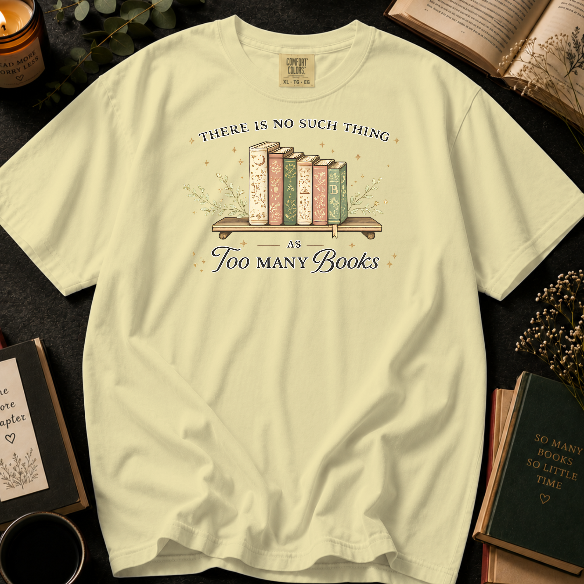 There Is No Such Thing As Too Many Books T-Shirt: Vintage Bookshelf in Banana - Comfort Colors® T-Shirt