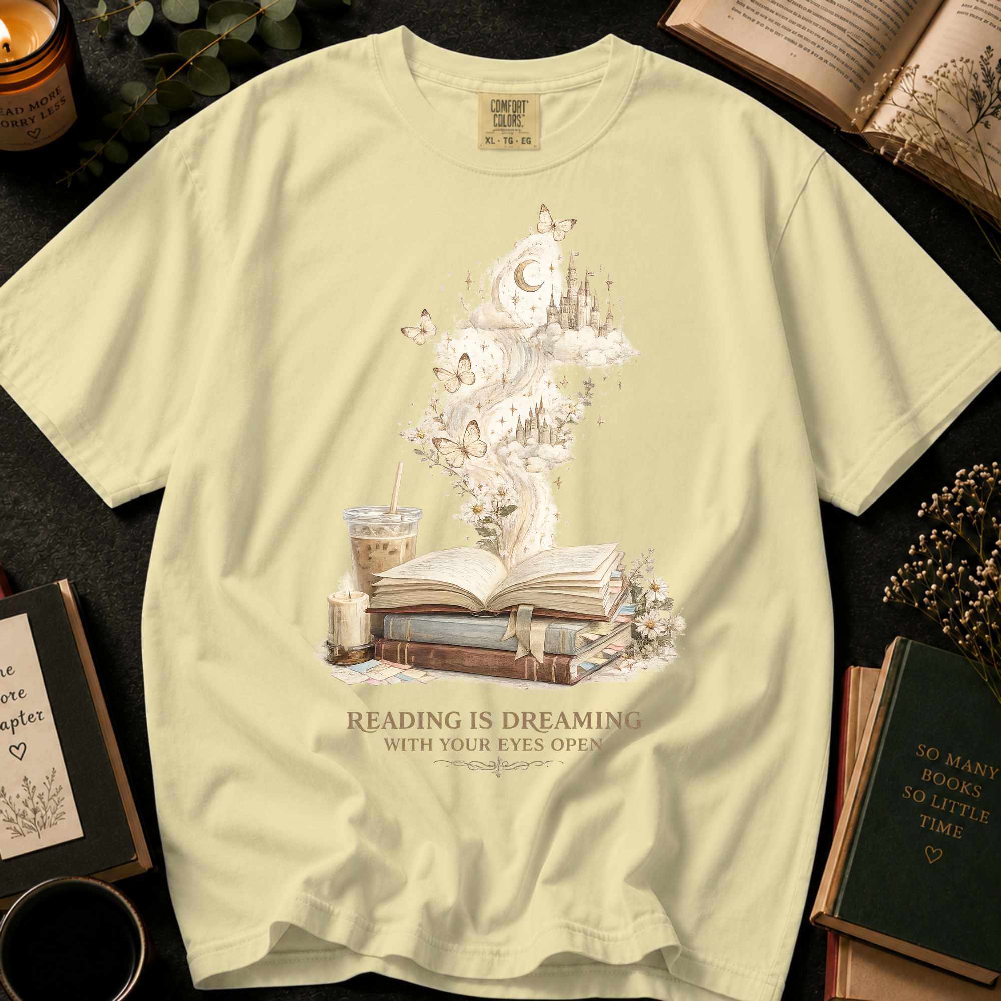 Reading Is Dreaming With Your Eyes Open T-Shirt: Fantasy Castle Book in Banana - Comfort Colors® T-Shirt