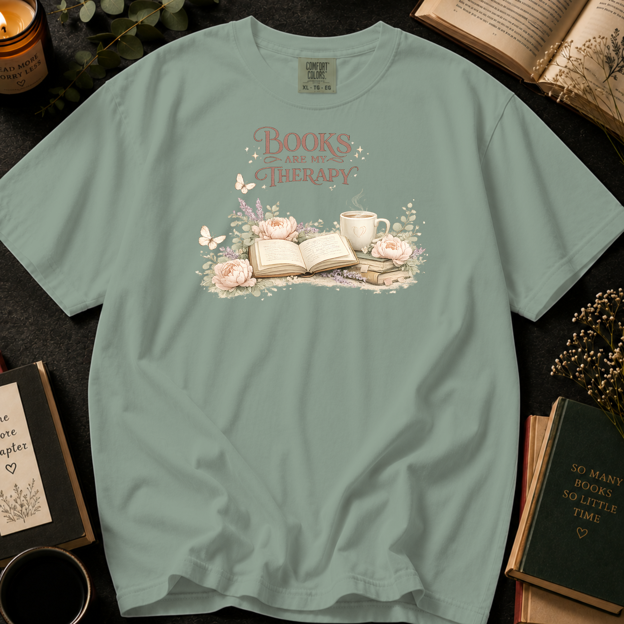 Books Are My Therapy T-Shirt: Floral Reading Nook in Bay - Comfort Colors® T-Shirt