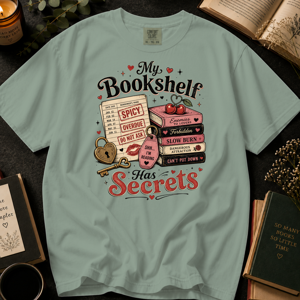 My Bookshelf Has Secrets T-Shirt: Spicy Romance Library Card in Bay - Comfort Colors® T-Shirt