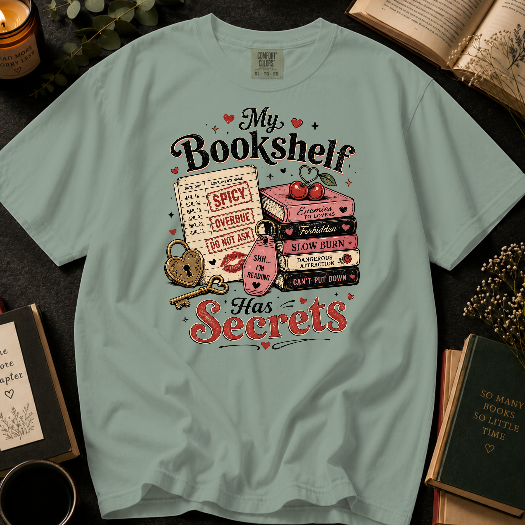 My Bookshelf Has Secrets T-Shirt: Spicy Romance Library Card in Bay - Comfort Colors® T-Shirt