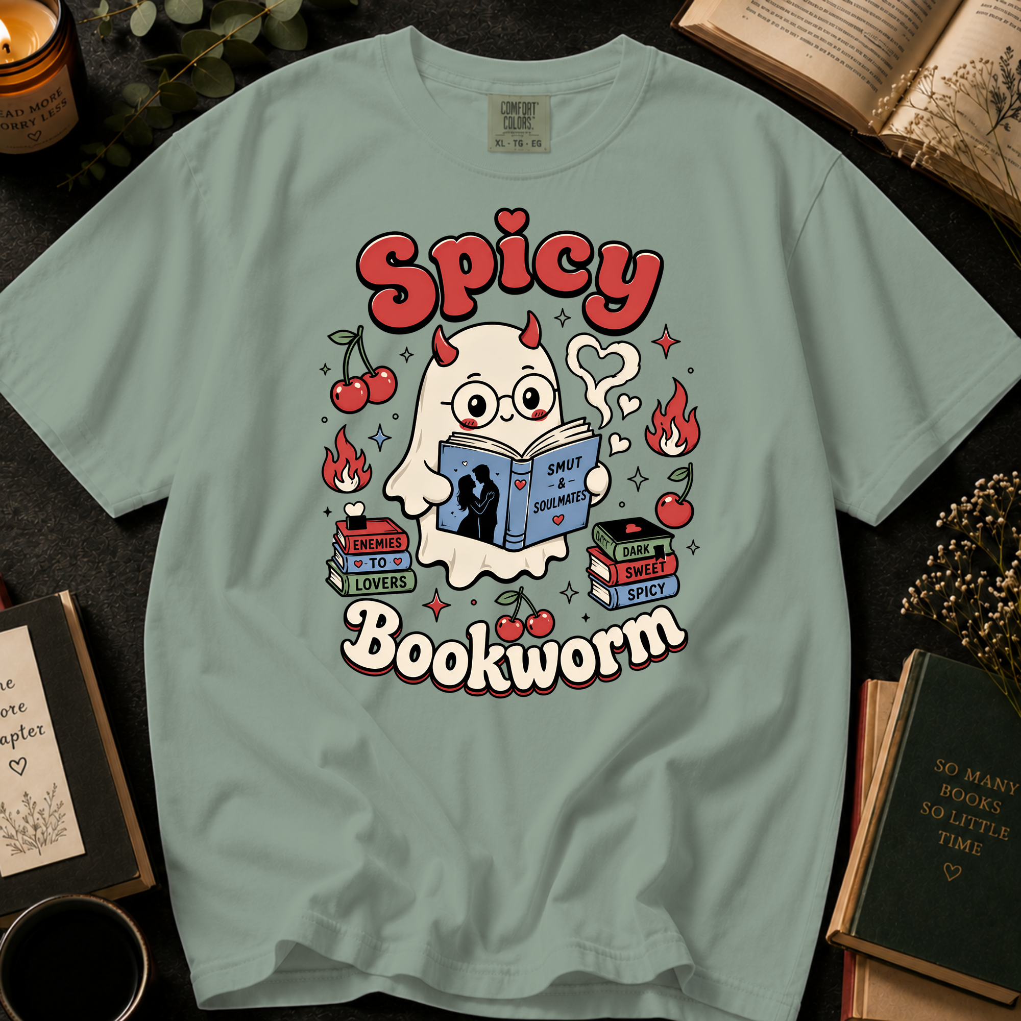 Spicy Bookworm T-Shirt: Cute Devil Ghost Reading in Bay - Comfort Colors® T-Shirt