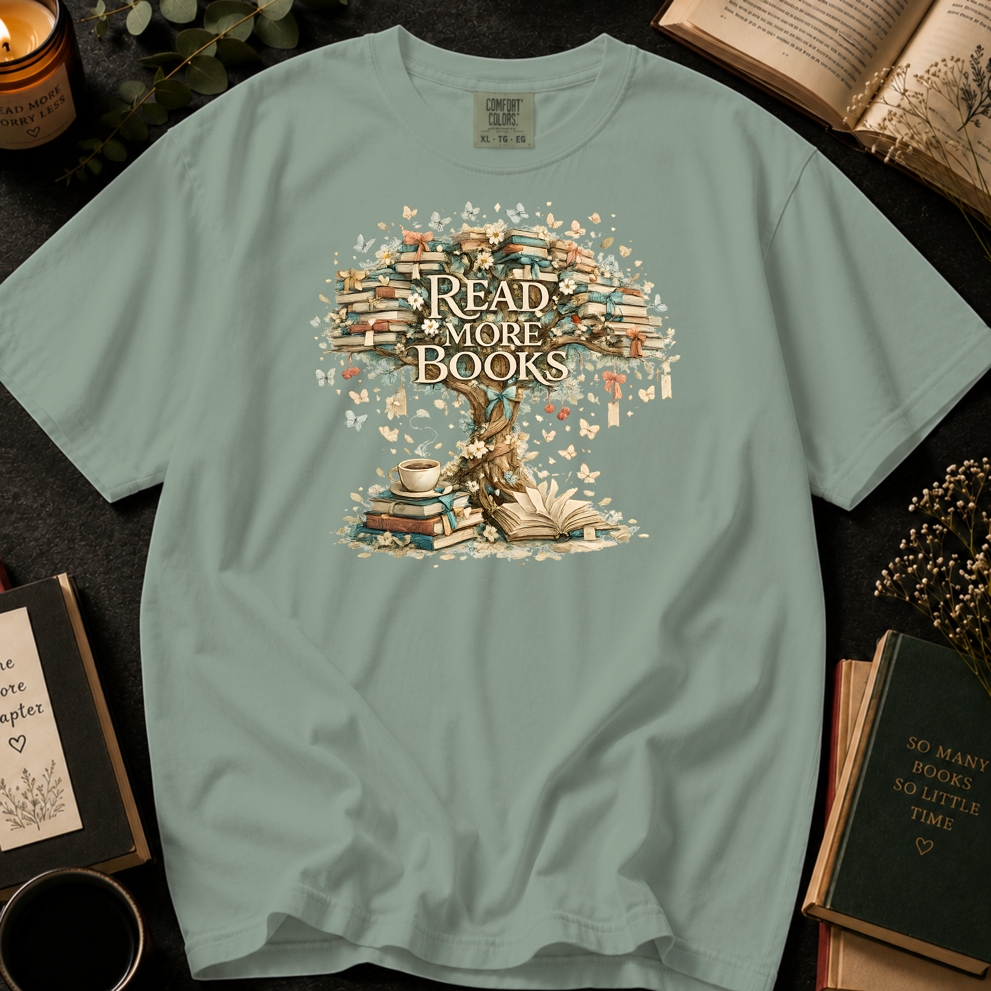 Read More Books T-Shirt: Vintage Book Tree in Bay - Comfort Colors® T-Shirt
