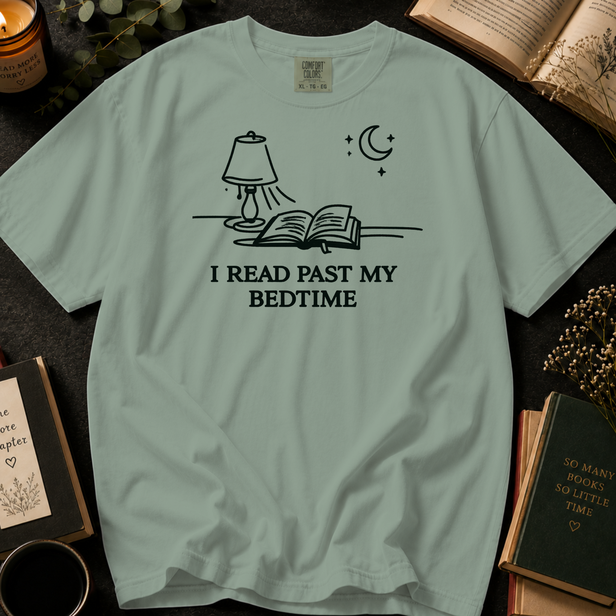 I Read Past My Bedtime T-Shirt: Nightstand Lamp and Book in Bay - Comfort Colors® T-Shirt