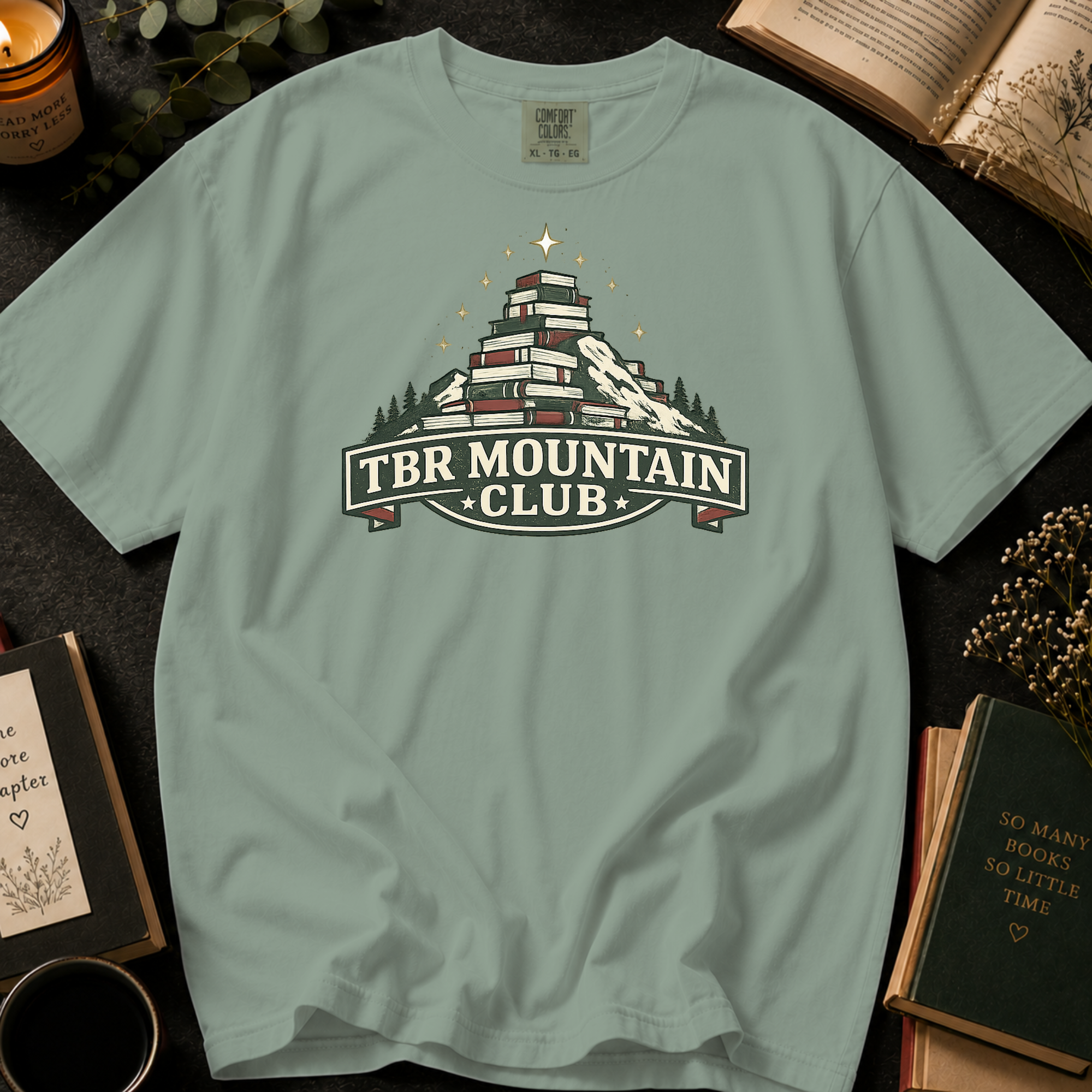 TBR Mountain Club T-Shirt: Book Stack Mountain in Bay - Comfort Colors® T-Shirt