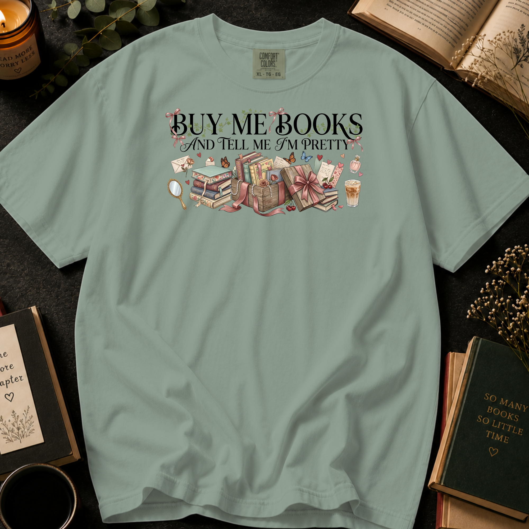 Buy Me Books and Tell Me I'm Pretty T-Shirt: Vintage Vanity and Gift Box in Bay - Comfort Colors® T-Shirt