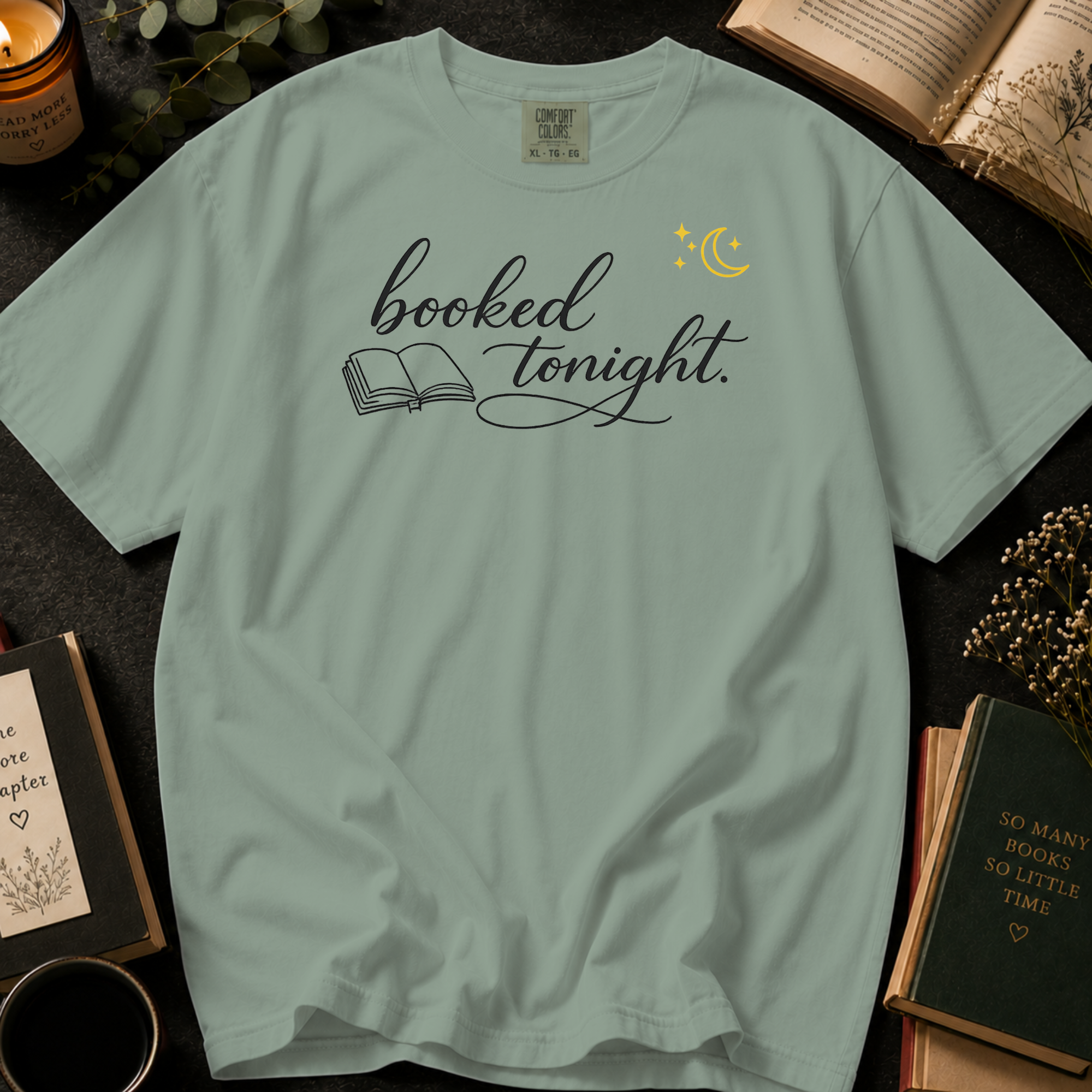 Booked Tonight T-Shirt: Cozy Evening Reading in Bay - Comfort Colors® T-Shirt