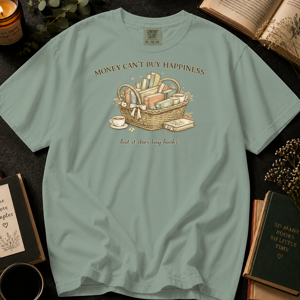 Money Can't Buy Happiness But It Does Buy Books T-Shirt: Book Basket in Bay - Comfort Colors® T-Shirt