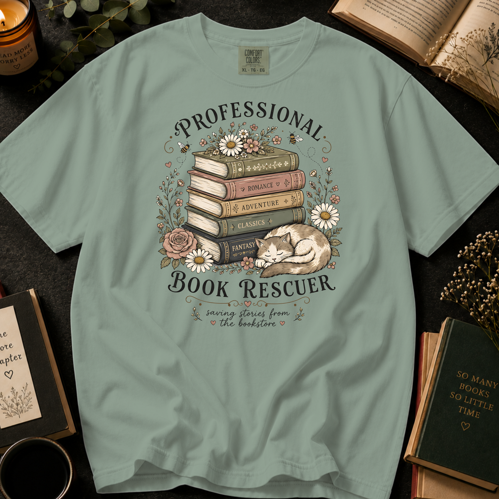 Professional Book Rescuer T-Shirt: Cottagecore Cat and Book Stack in Bay - Comfort Colors® T-Shirt