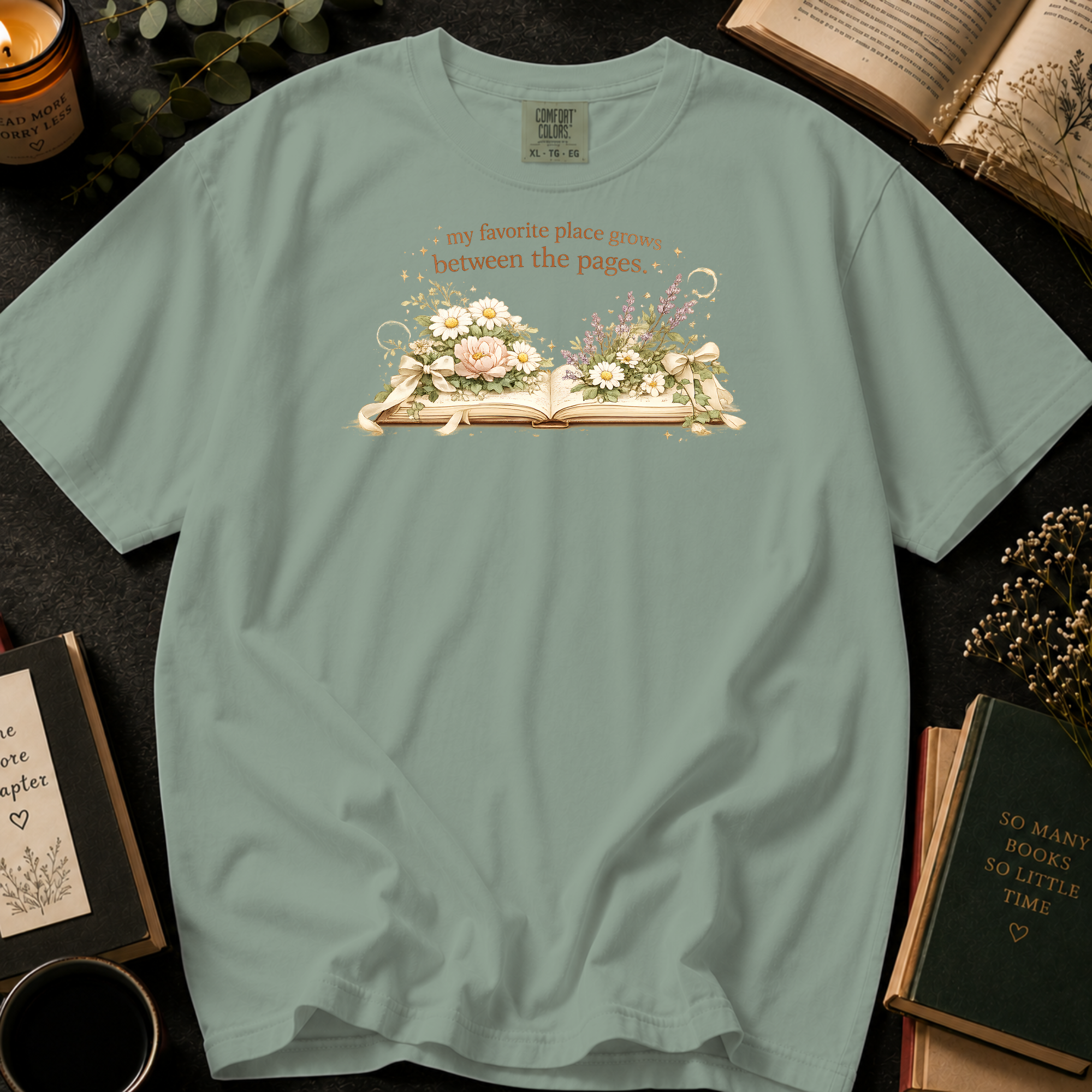 My Favorite Place Grows Between the Pages T-Shirt: Floral Open Book in Bay - Comfort Colors® T-Shirt