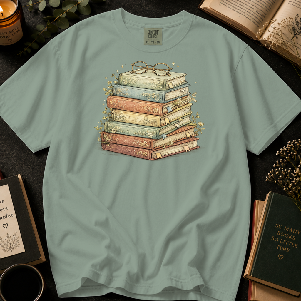 Vintage Stack of Books T-Shirt: Reading Glasses in Bay - Comfort Colors® T-Shirt