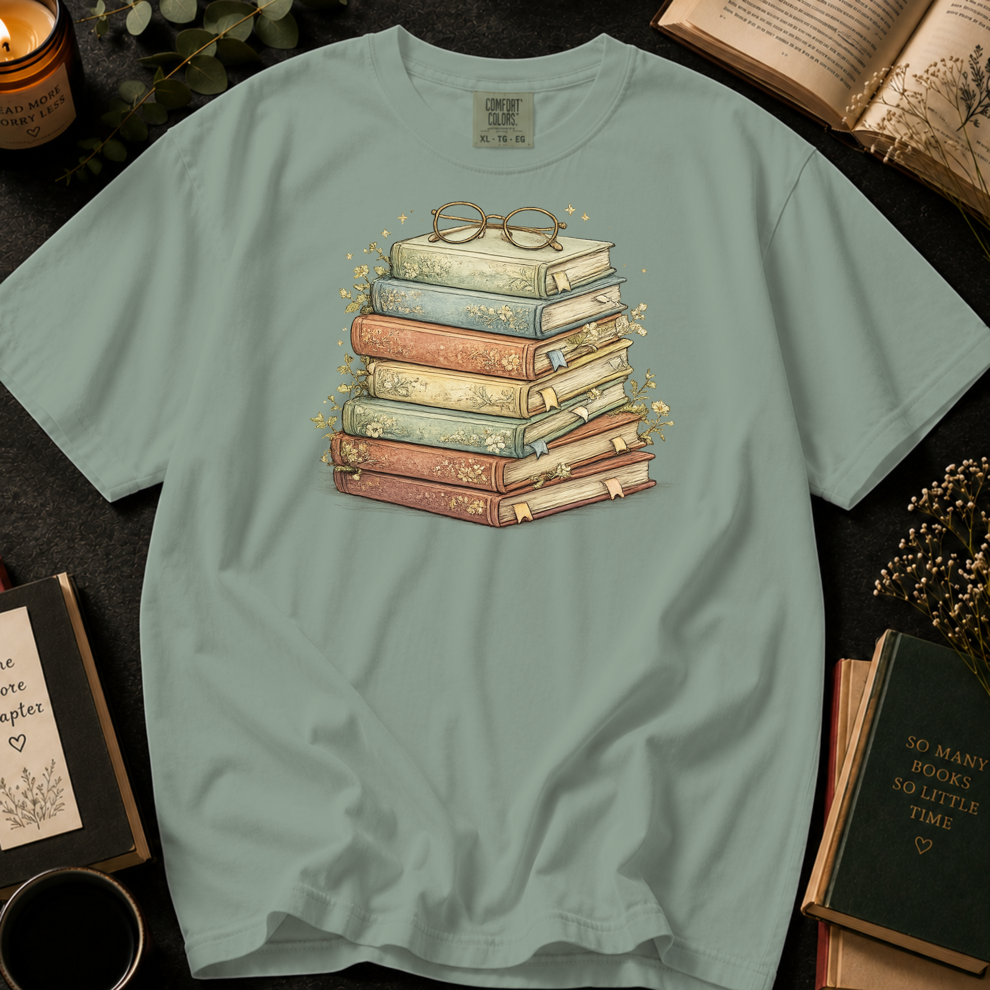 Vintage Stack of Books T-Shirt: Reading Glasses in Bay - Comfort Colors® T-Shirt